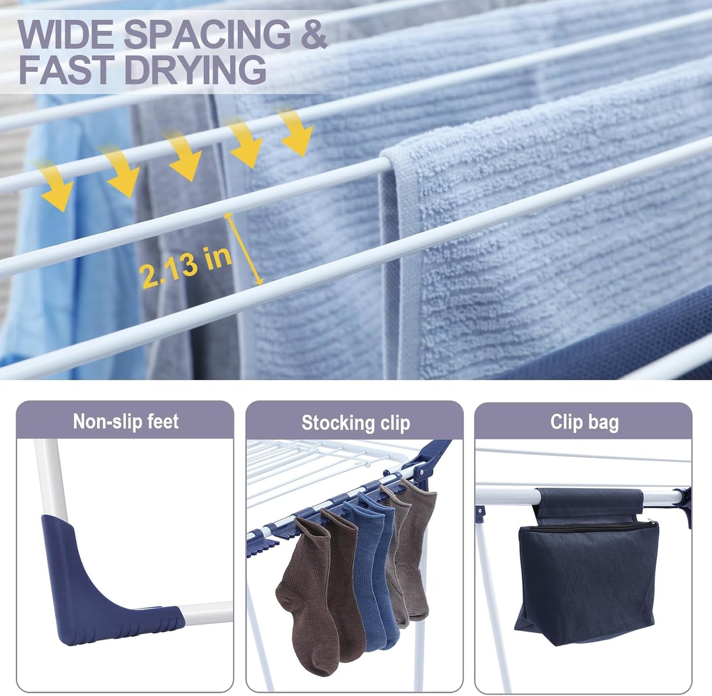 APEXCHASER Clothes Drying Rack Foldable - Drying Rack Clothing Large Space, Winged Laundry Rack with Sock Clips for Hanging Towels Clothes Dress Bedding Indoor Outdoor, White