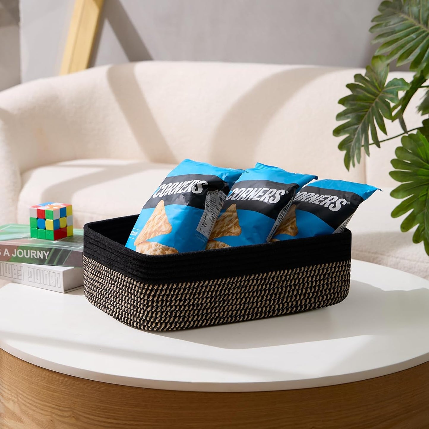 Large Shallow Organizing Baskets 15x11x5.1 Inches - Rope Woven Storage Bins for Bathroom, Shelves, Cube Closet, Black Woven Brown 3 Packs
