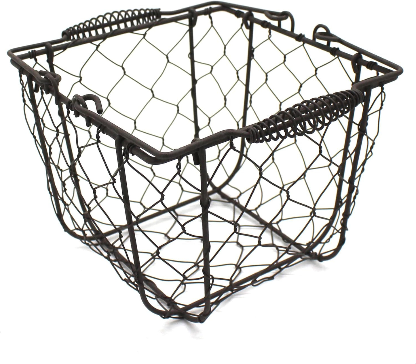 CVHOMEDECO. Square Chicken Wire Egg Basket Fruit Basket with Swing Handles Primitives Vintage Gathering Basket. Rusty
