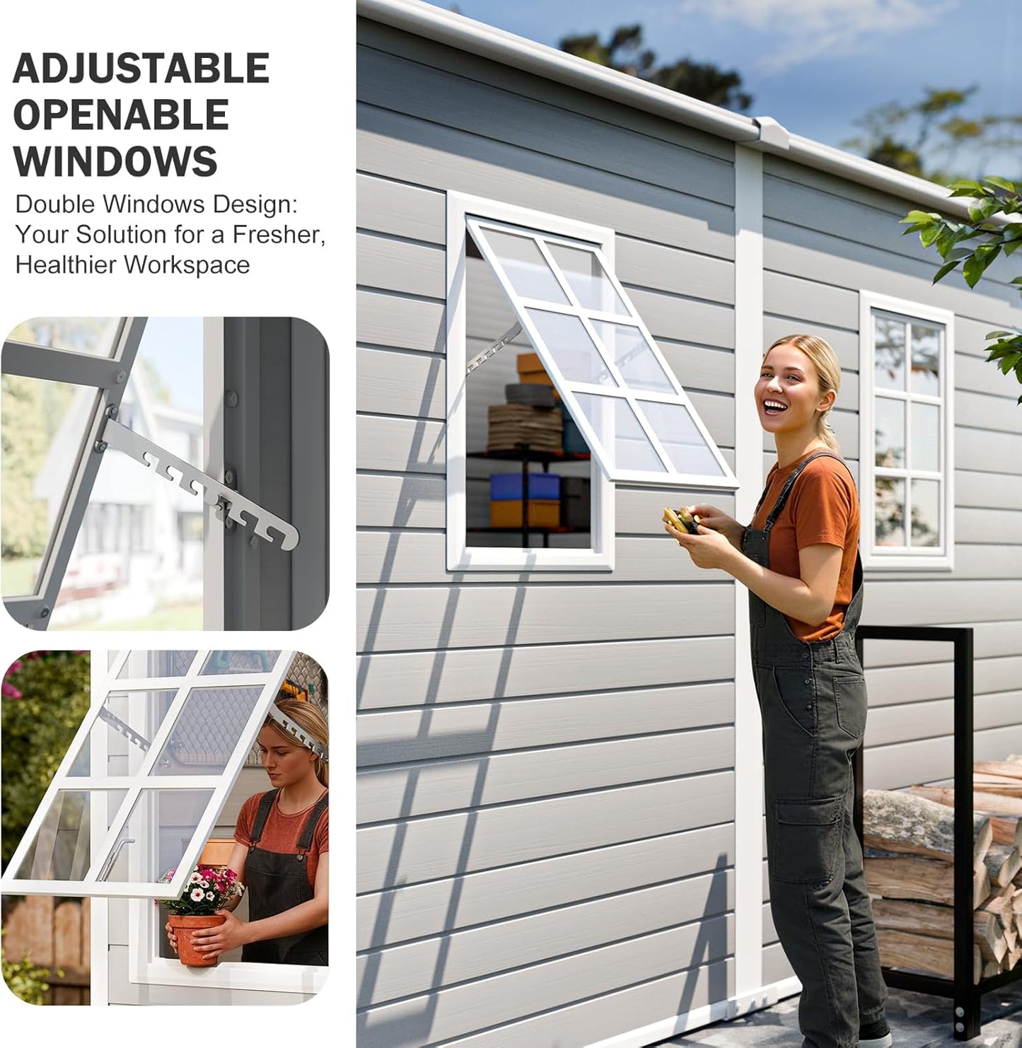 8x4 FT Resin Lean to Shed, Waterproof Outdoor Storage Shed with Floor, Adjustable Openable Window, Lockable Door & 2 Windows, Tool Shed for Patio Garden, Lawn, Backyard, Dove Grey