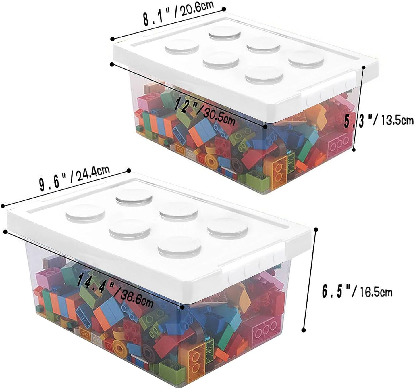 loobuu Plastic Storage Bins with Lids - Stackable Toy Storage Organizer Box Set of 2, Toy Chests with Compatible Building Baseplate and Lid, Storage Container for Building Bricks & Toys- White