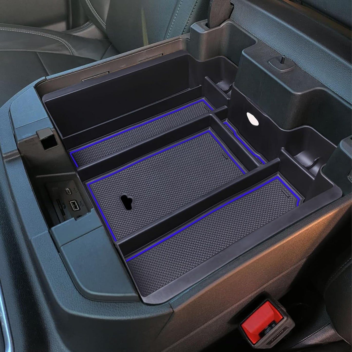 Full Size Center Console Armrest Box Organizer Tray for 2019-2022 Chevy Silverado/GMC Sierra 1500 and 2020-2023 Silverado/Sierra 2500/3500 HD (Full Console w/Bucket Seats ONLY) Blue Trim