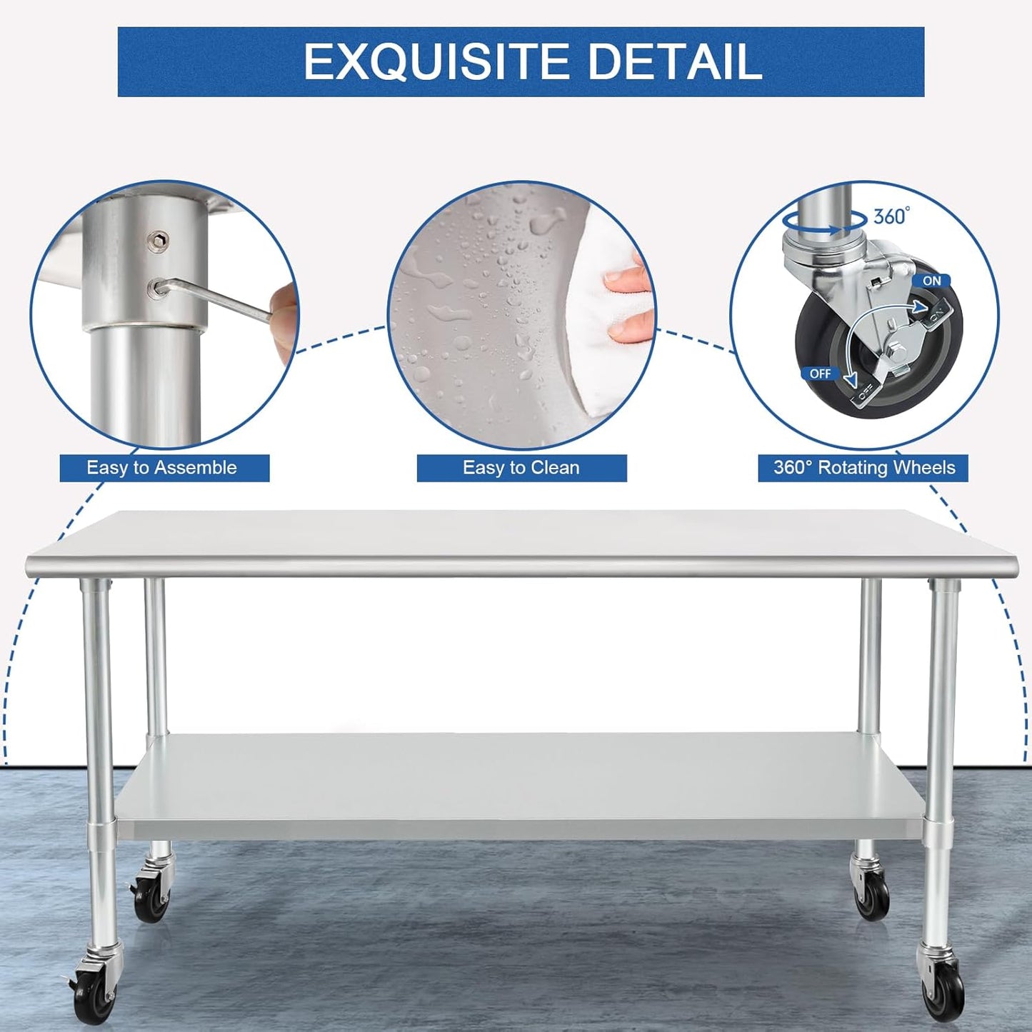 HARDURA Stainless Steel Table with Wheels 30 x 72 Inches Casters NSF Heavy Duty Commercial Prep Table with Undershelf and Galvanized Legs for Food Prep