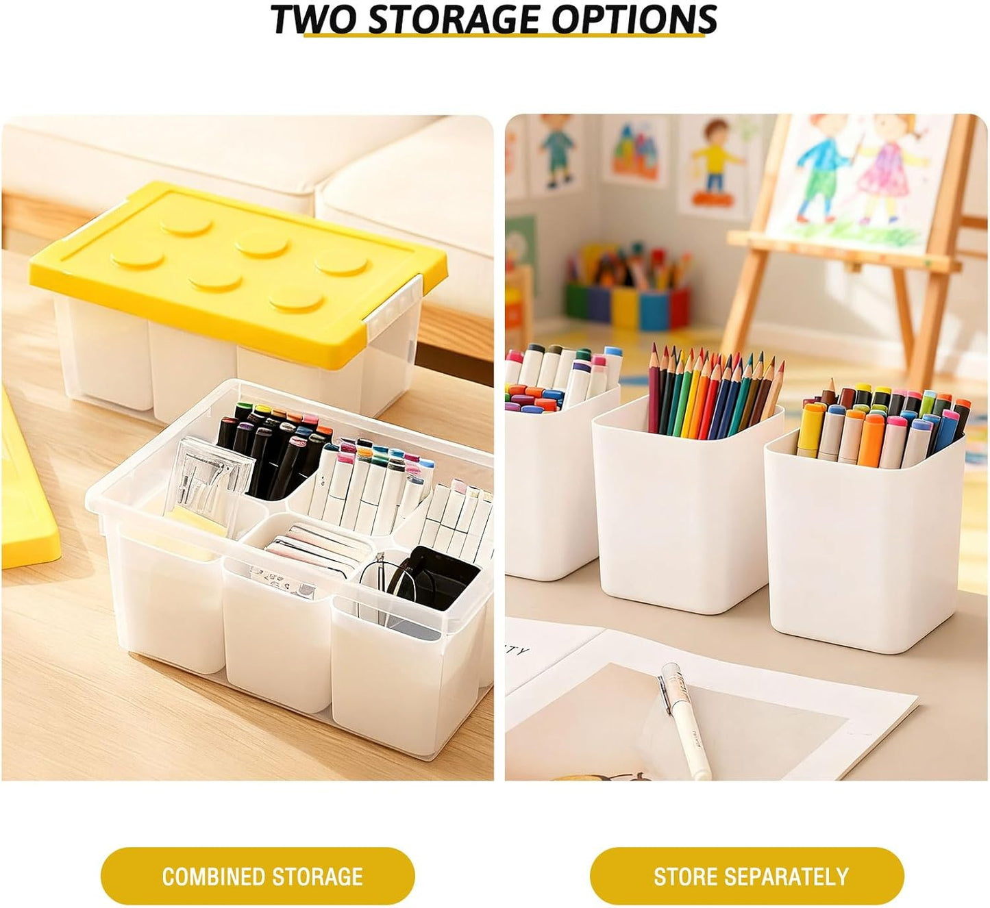loobuu Plastic Storage Bins with Lids, Art Craft Supply Organizer Box with Brush Pot, Multipurpose Stackable Storage Containers for Organizing Tool, Craft, Crayon,Sewing(Yellow)