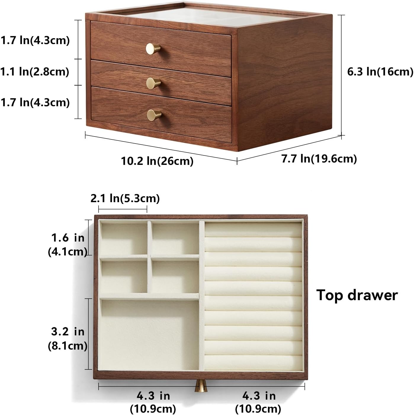 Black Walnut Wooden Jewelry Box Women large 3 Layer Drawer Organizer Box with Glass Lid for Necklaces, Watch, Necklace, Ring, Earring Storage - Christmas Gifts