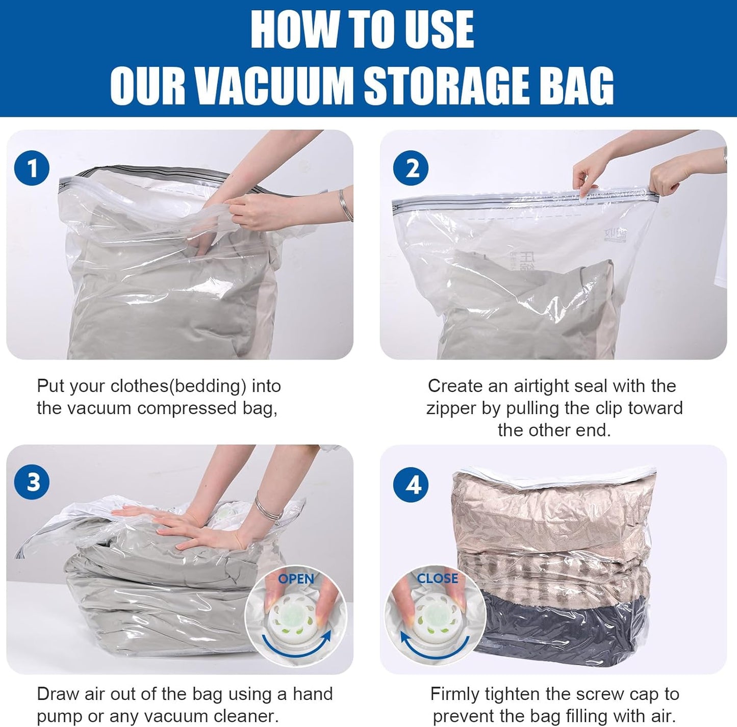 4 Pack Combo Thickened Cube Vacuum Seal Storage Bags, Space Saver Compression Storage Bags for Clothing Comforters Pillows Blankets, No Pump Needed