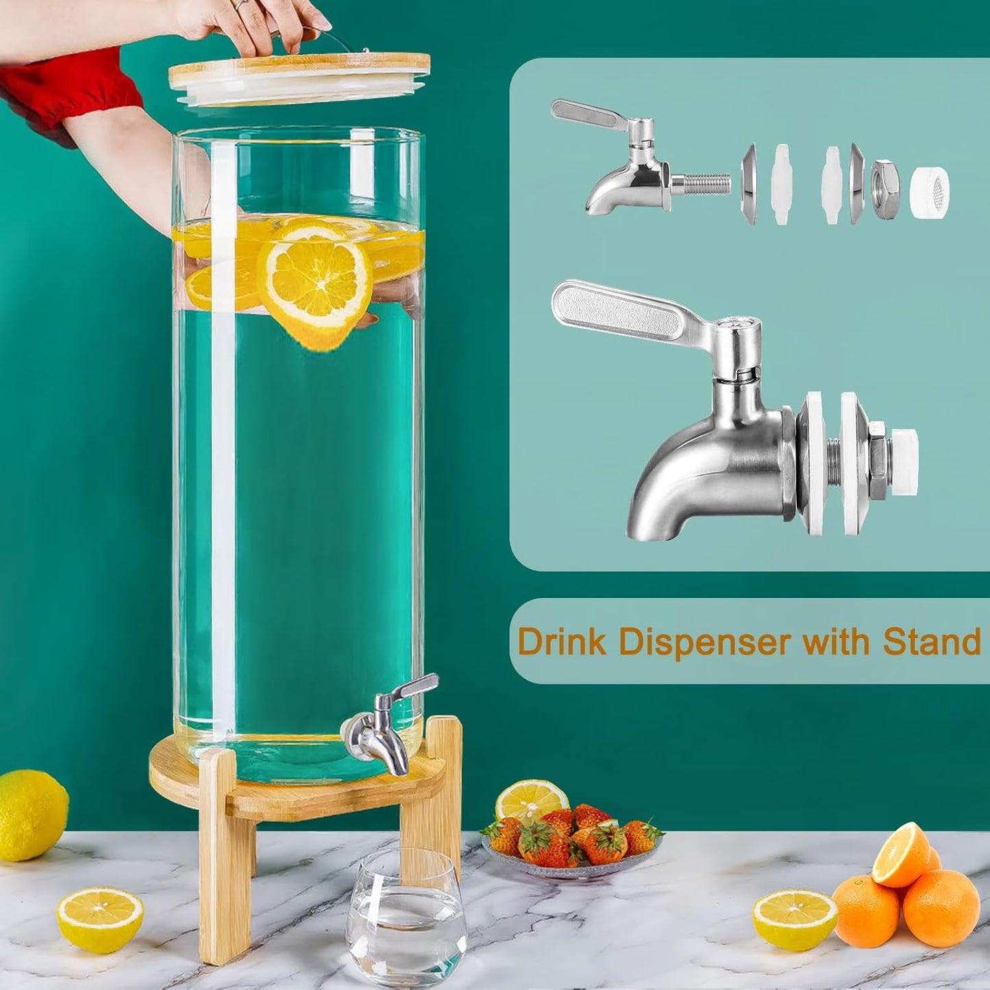 Beverage Dispenser, 4Gallon Glass Drink Dispenser with Stand, Stainless Steel Spigot, Ideal for Parties, Bars, Restaurants (15L/4 Gallon)
