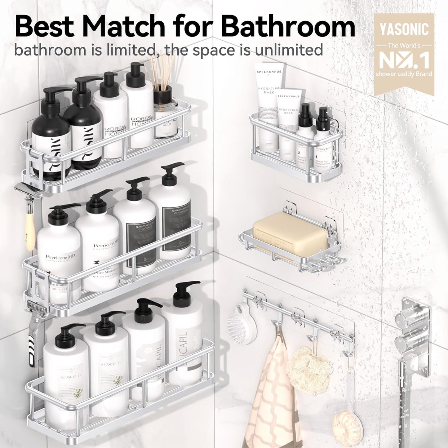 YASONIC Shower Caddy, Large Capacity Bath Organizer with Soap Holder and 12 Hooks, 6 Pack Rustproof Bathroom Shelves for Inside Shower, No Drilling&Sleek Bathroom Organizers and Storage Silver
