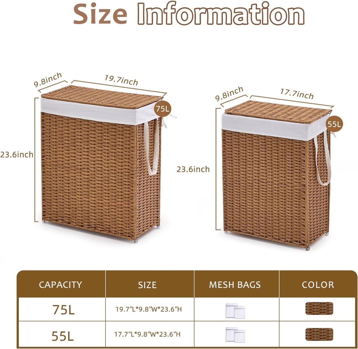 Slim Wicker Laundry Hamper with Lid, 55L Handwoven Rattan Basket with Handles, Narrow Laundry Basket with Removable Liner Bag & 2 Mesh Bags
