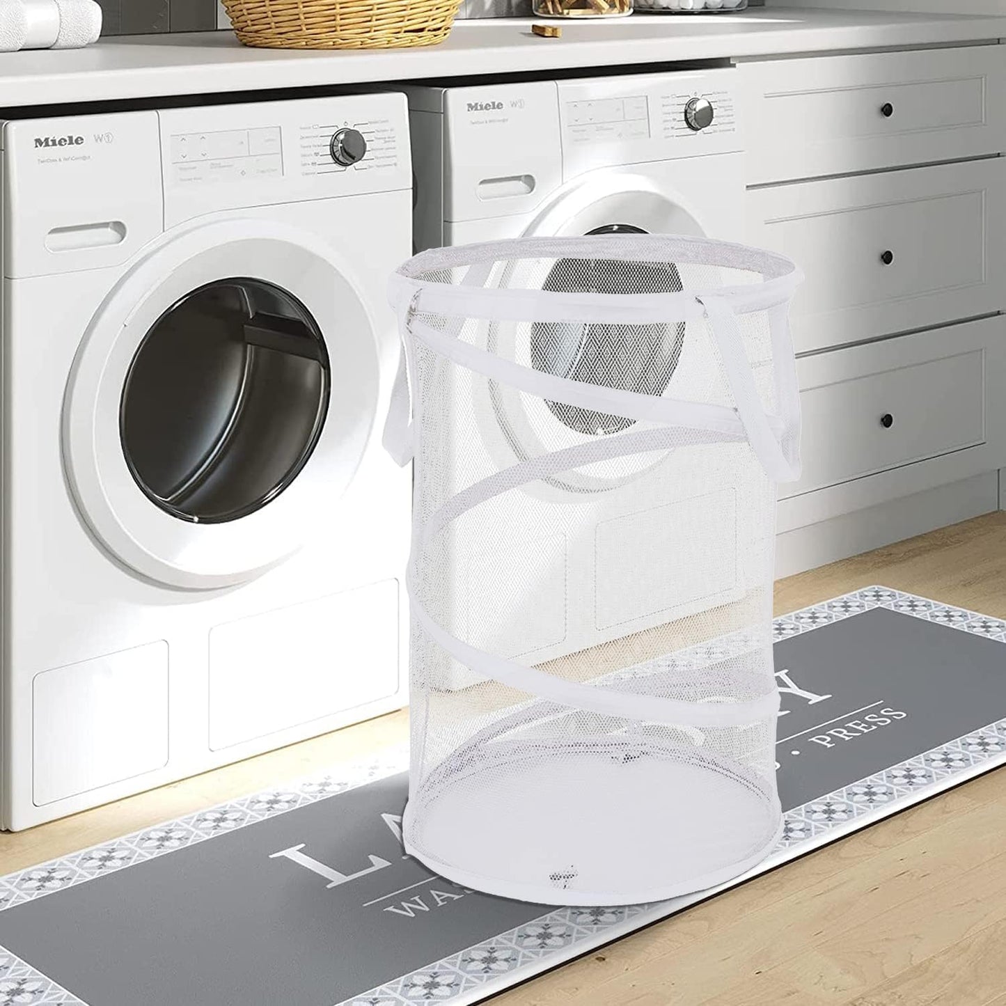 BATTOO Large Collapsible Laundry Basket Foldable Mesh Pop Up Hamper with Handles for Laundry Room, Bathroom, Kids Room, College Dorm, Travel, Storage Organizer White