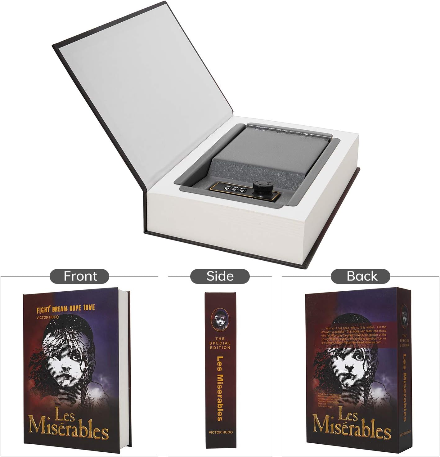 Real Paper Transfer Book Safe, Hollow with Secret Hidden Compartment, Combination Lock, 8.7"×6"×2" (Les Miserables-Combination)