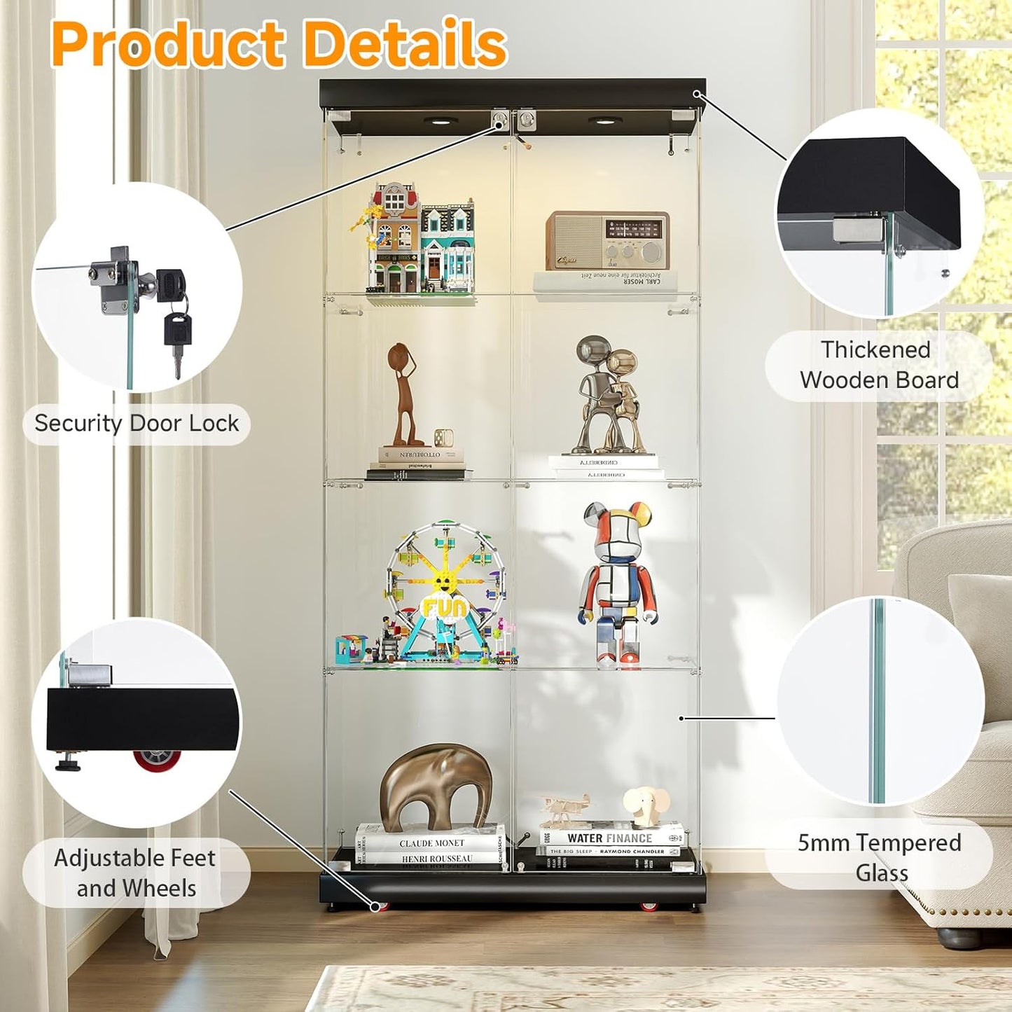 Tempered Glass Display Cabinet with Lights, 4-Tier Curio Cabinet with Glass Doors Wheels Two Locks, Glass Display Case for Collectibles for Living Room, Bedroom, Office, Black, Double Door