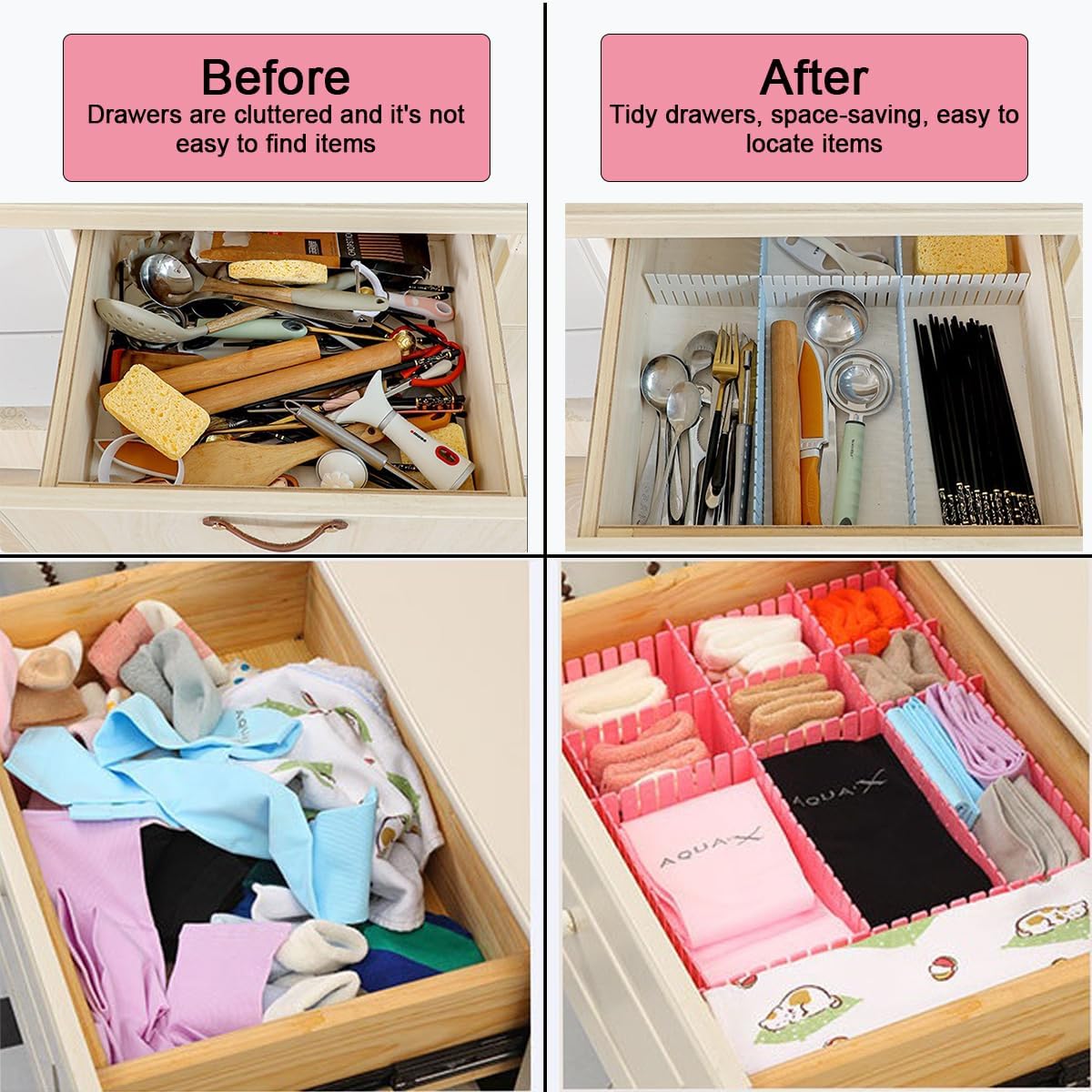 24pcs freely adjustable drawer dividers for organizing messy clothes, cosmetics, stationery, tableware, daily sundries, suitable for kitchen, living room, bathroom, study, office (pink)