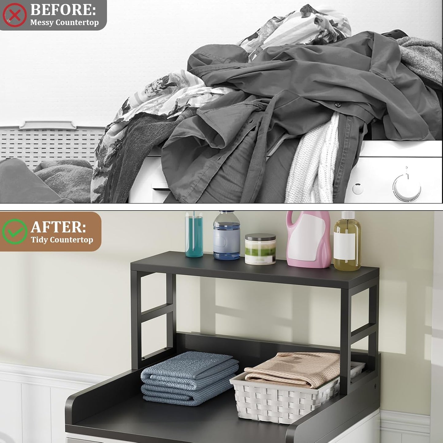 Washer Dryer Countertop with Shelf, 27.5″D x 27.5″W x 16.7″H, Countertop for Washer and Dryer Top with Non-Slip Pads and Edge Rails, Laundry Room Storage and Organization(Black)