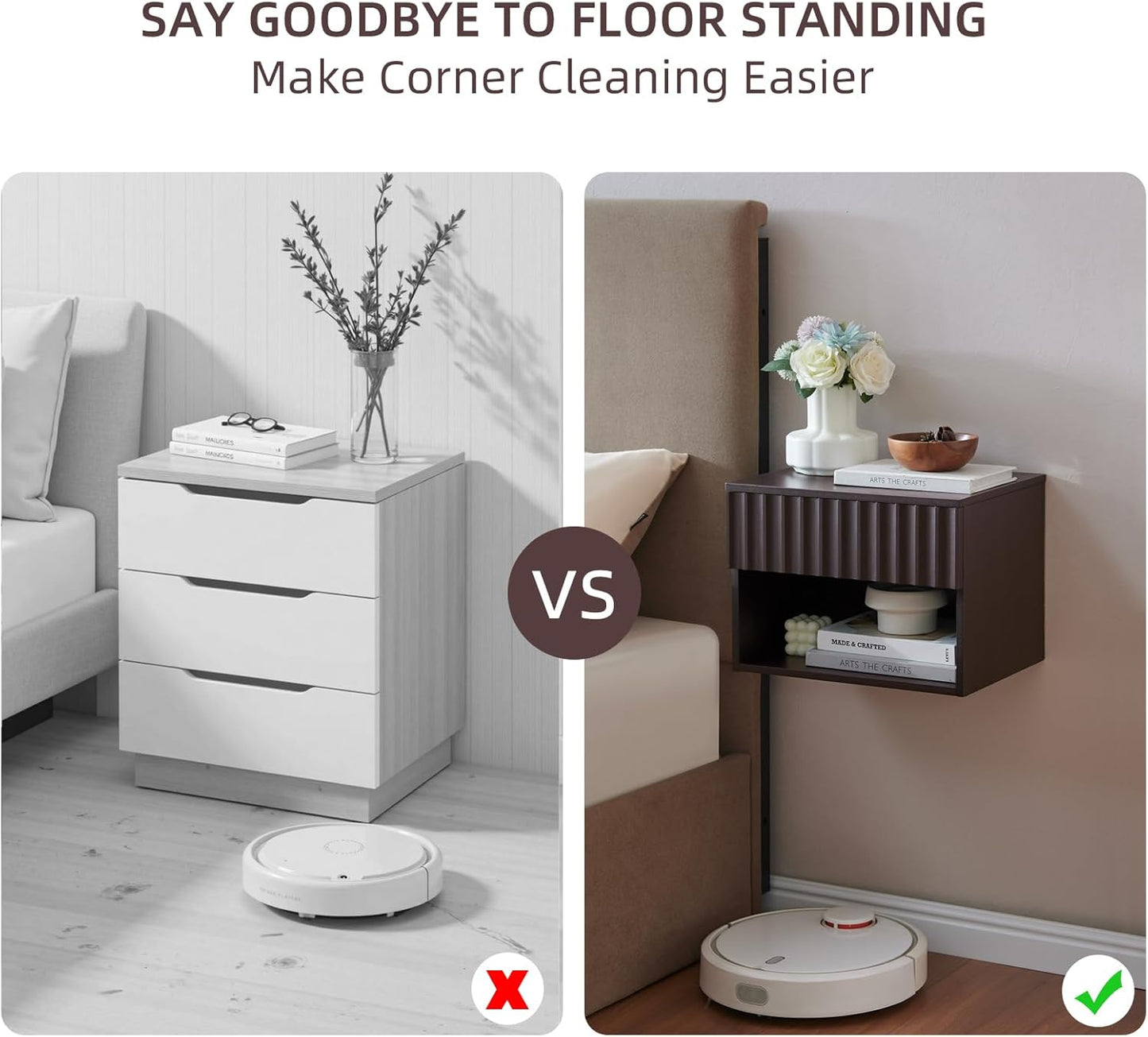 Floating Nightstand with Fluted Drawer - Modern Wall Mounted Bedside Table with Open Storage Shelf, Small Night Stand TV Stand for Bedroom(Espresso)