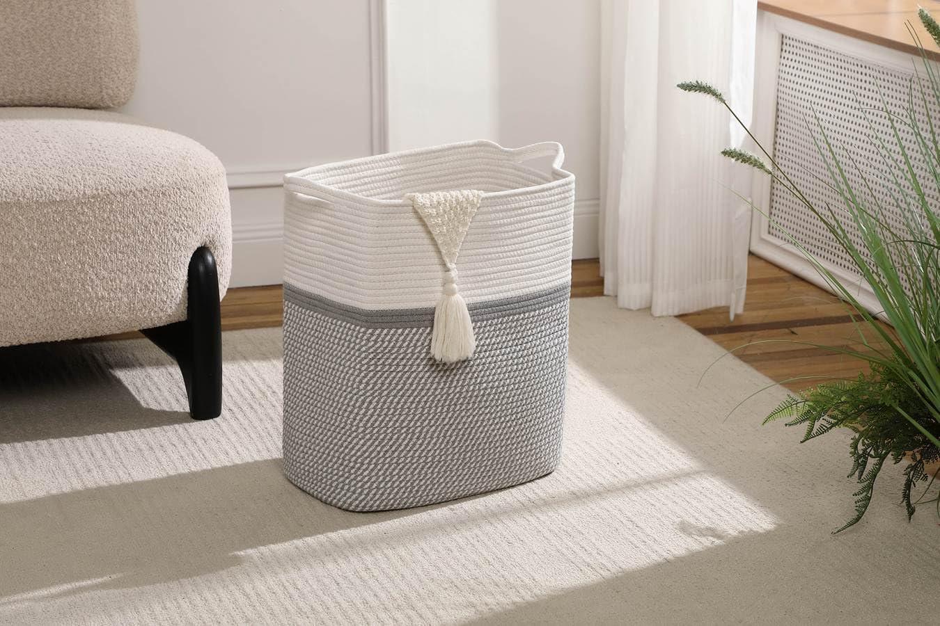 Tall Laundry Basket With Handles,Woven Cotton Rope Big Laundry Hamper Sorters,Versatile Storage for Dirty Clothes,Baby Toys,and Blankets in Bathroom, Nursery,and Living Room (White/Gray, 80L)