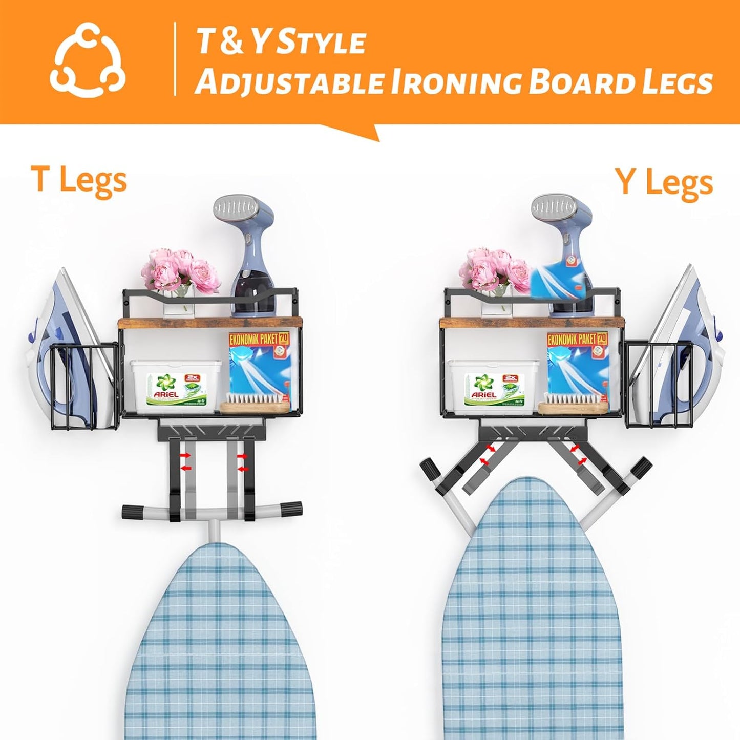 Ironing Board Hanger, T&Y Iron Board Holder Wall Mount with Ironing Caddy, Metal Ironing Board Holder Storage Organizer, Floating Wood Shelf for Laundry Room Decor Accessories Organization