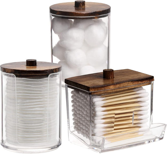 Tbestmax Bathroom Organizer Accessories Set-10 OZ Qtips Holder Storage with Wood Lids, Cotton Ball/Swabs Dispenser, Apothecary Container Jar 3 Pcs