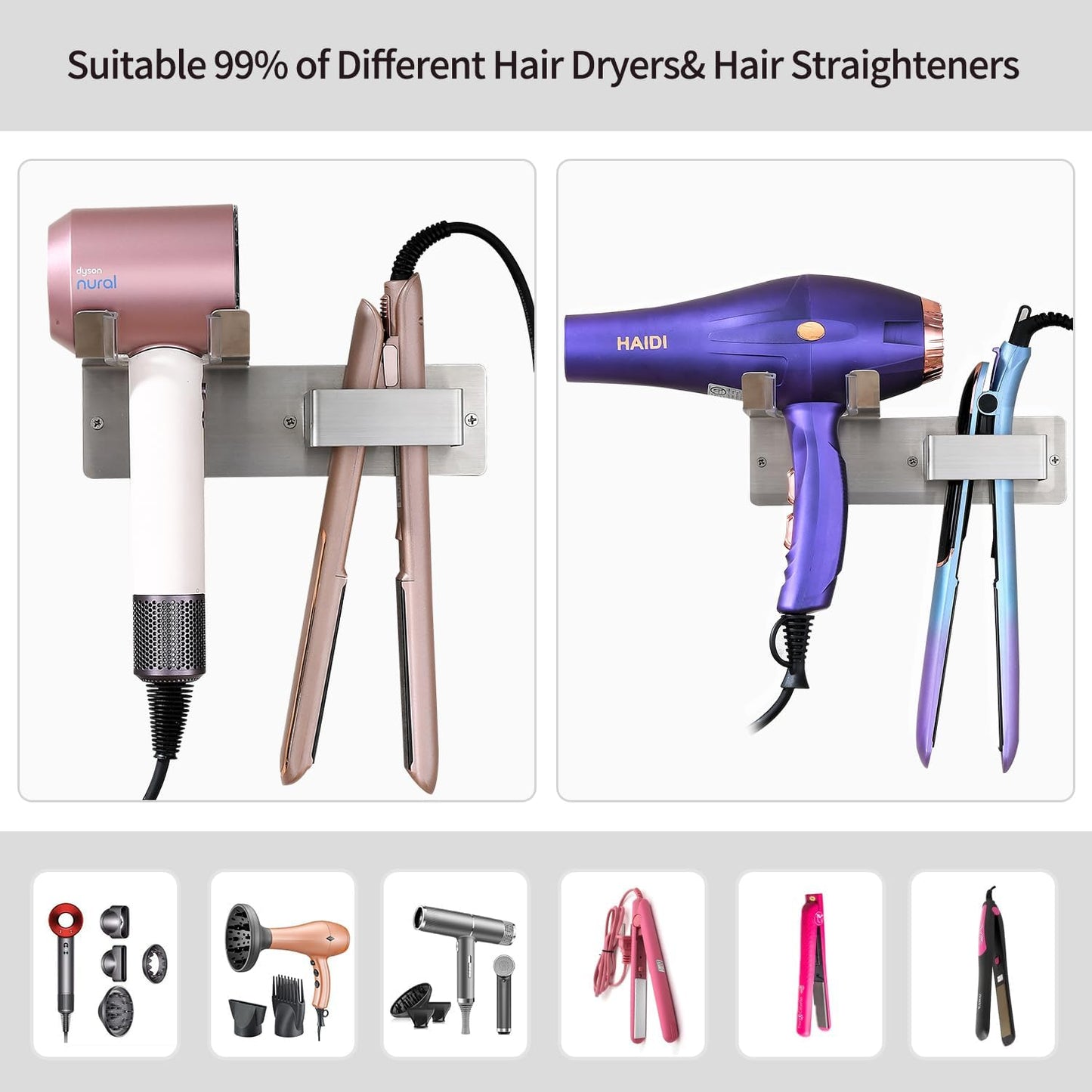 Hair Dryer Holder Wall Mounted, Stainless Steel Blow Dryer Holder for Bathroom, Hair Dryer and Straightener Holder Adhesive or Drilling, Hair Tool Organizer for Salon Barber Shops Banjekt