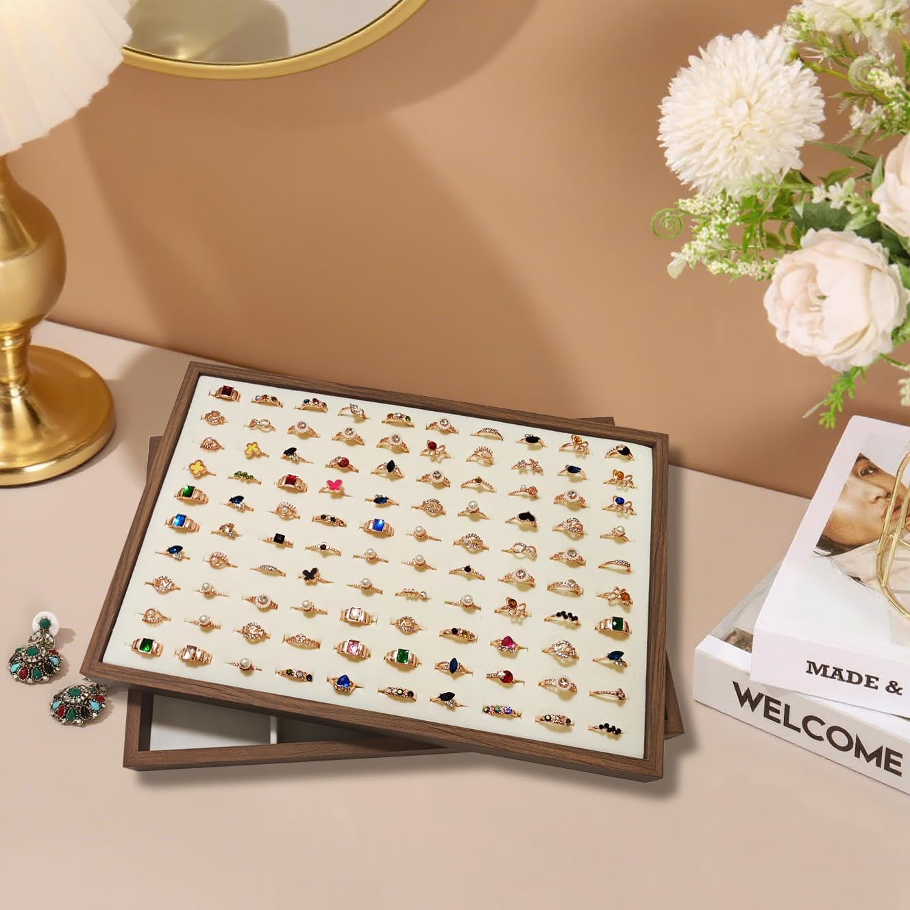 Large Jewelry Trays for Drawers Stackable Velvet Jewelry Display for Vendors Jewelry Drawer Organizer Inserts for Rings Necklace Bracelets Earrings and Studs Earrings (Beige, 100 Slot)