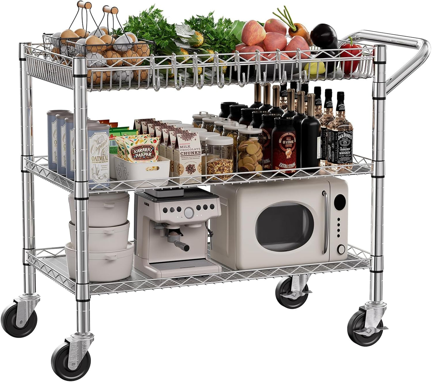 NTE Utility Cart with Wheels, 990lbs Capacity Metal 3 Tier Rolling Carts, NSF Kitchen Carts On Wheels with Storage, Heavy Duty Utility Cart with Handle & Wire Shelf for Indoor & Outdoor Use, Silver