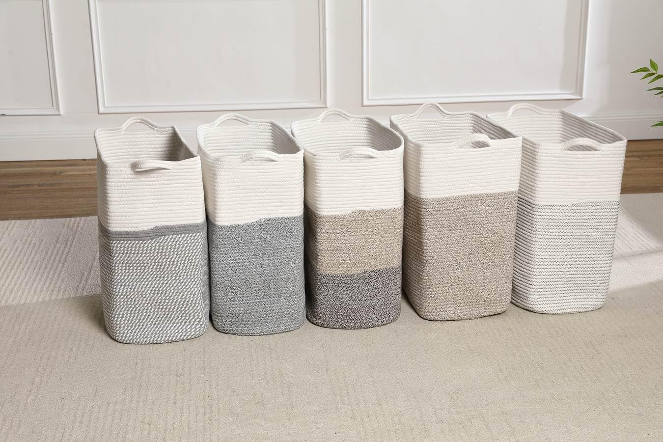Tall Laundry Basket With Handles,Woven Cotton Rope Big Laundry Hamper Sorters,Versatile Storage for Dirty Clothes,Baby Toys,and Blankets in Bathroom, Nursery,and Living Room (White/Black Line, 80L)