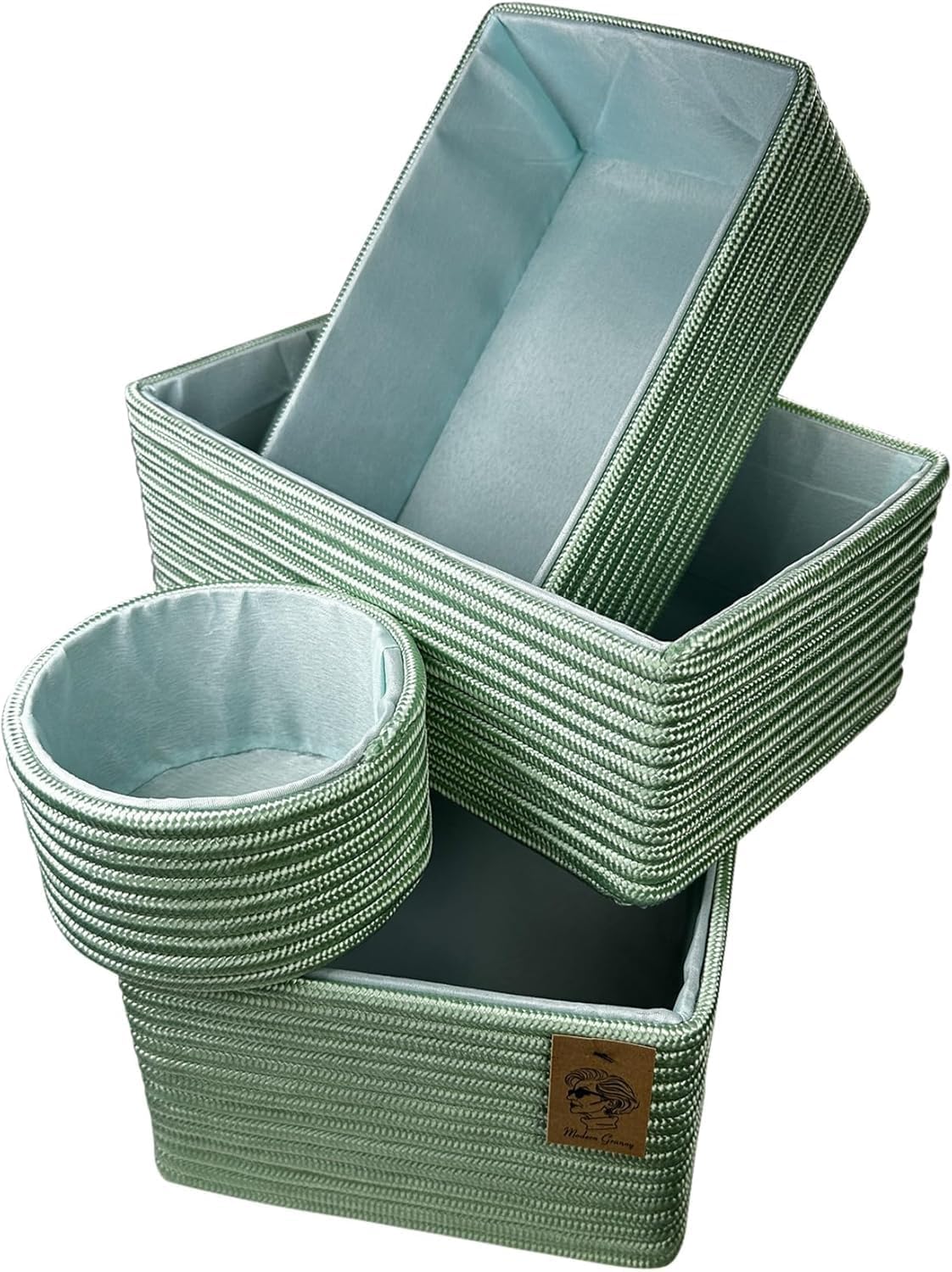 Modern Granny Fashion Decor Vanity Box, Stackable Boxes Decoratives with lined Interior, Storage Baskets Set of 4, Office Boho Baskets Shelf Box for Organizing (PRAIRIE MINT)