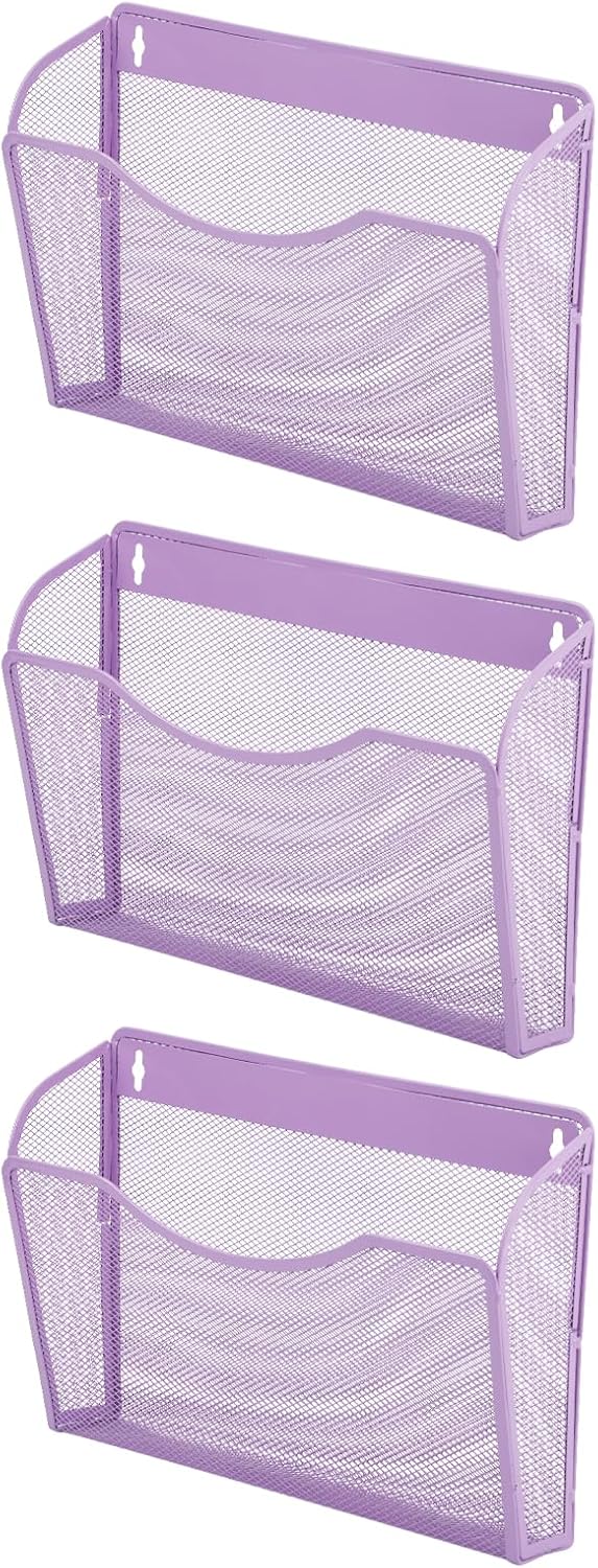 EASEPRES 3 Single Pocket Mesh Hanging File Organizer, Vertical Wall Mounted Magazine File Holder, Mount Basket Mail Paper Document Folder Organizing for Office, Home and School, Light Purple