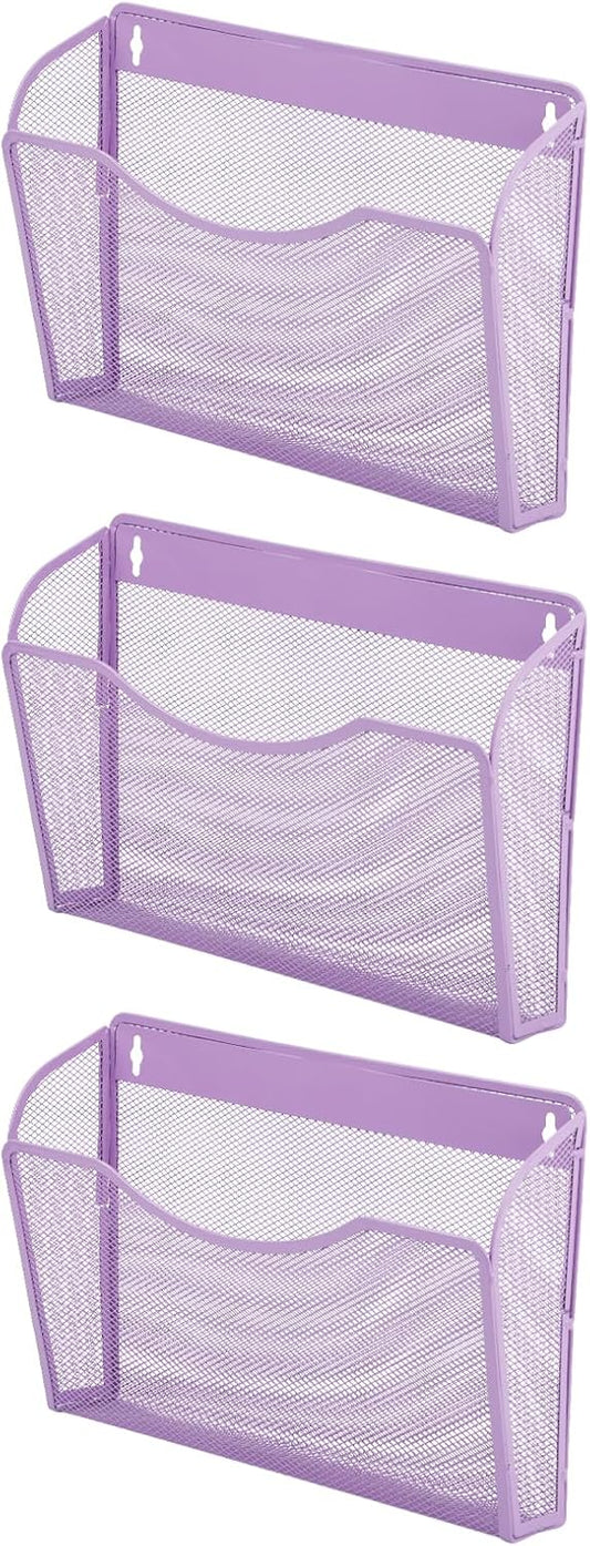 EASEPRES 3 Single Pocket Mesh Hanging File Organizer, Vertical Wall Mounted Magazine File Holder, Mount Basket Mail Paper Document Folder Organizing for Office, Home and School, Light Purple