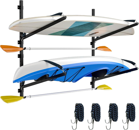 Kayak Storage Rack for Garage Wall Mount - Heavy L-Frame Holder with Anti-Slip Bungee & Complete Installation Kit, Supports 150LB (Fits Canoe/Paddle Board, Black)