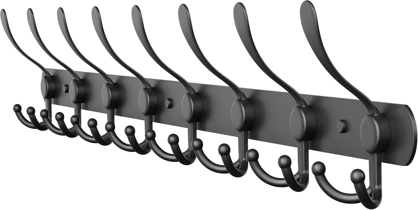 Coat Rack Wall Mount with 8 Tri Hooks, Stainless Steel 24 Inch – Black Matte Finish, Heavy Duty Wall Mounted Hook Rack for Coats, Hats, Towels, Scarfs, Robes, Bags, Entryway & Bathroom