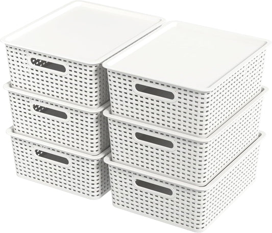 Hespama 6-Pack Plastic Weave Storage Basket with Lid, Stackable Organizer Basket, White