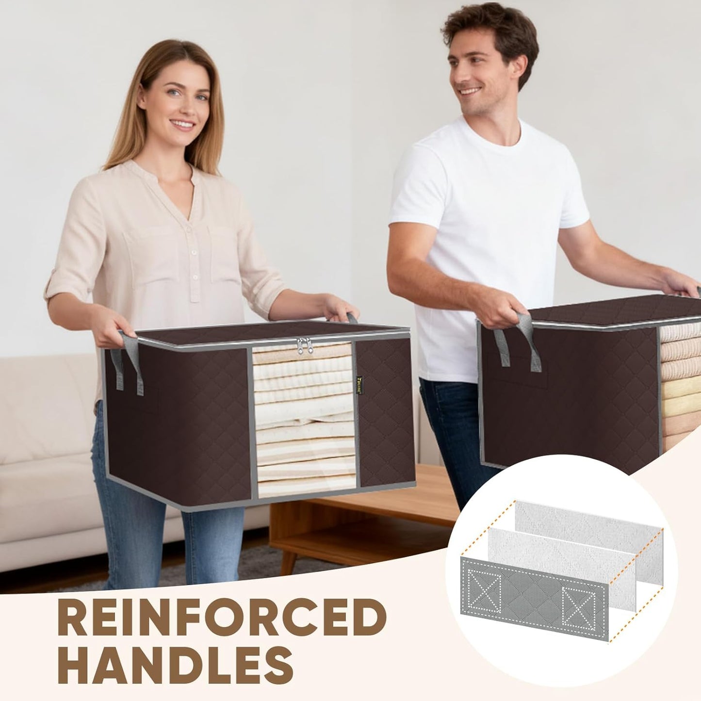BALEINE 3 Pack Clothes Storage Bags, 16 Gallon Storage Containers with Reinforced Handle, Sturdy Zipper, Closet Organizer for Blanket, Comforter, Pillow, Bedding (Brown, 3 Pack)