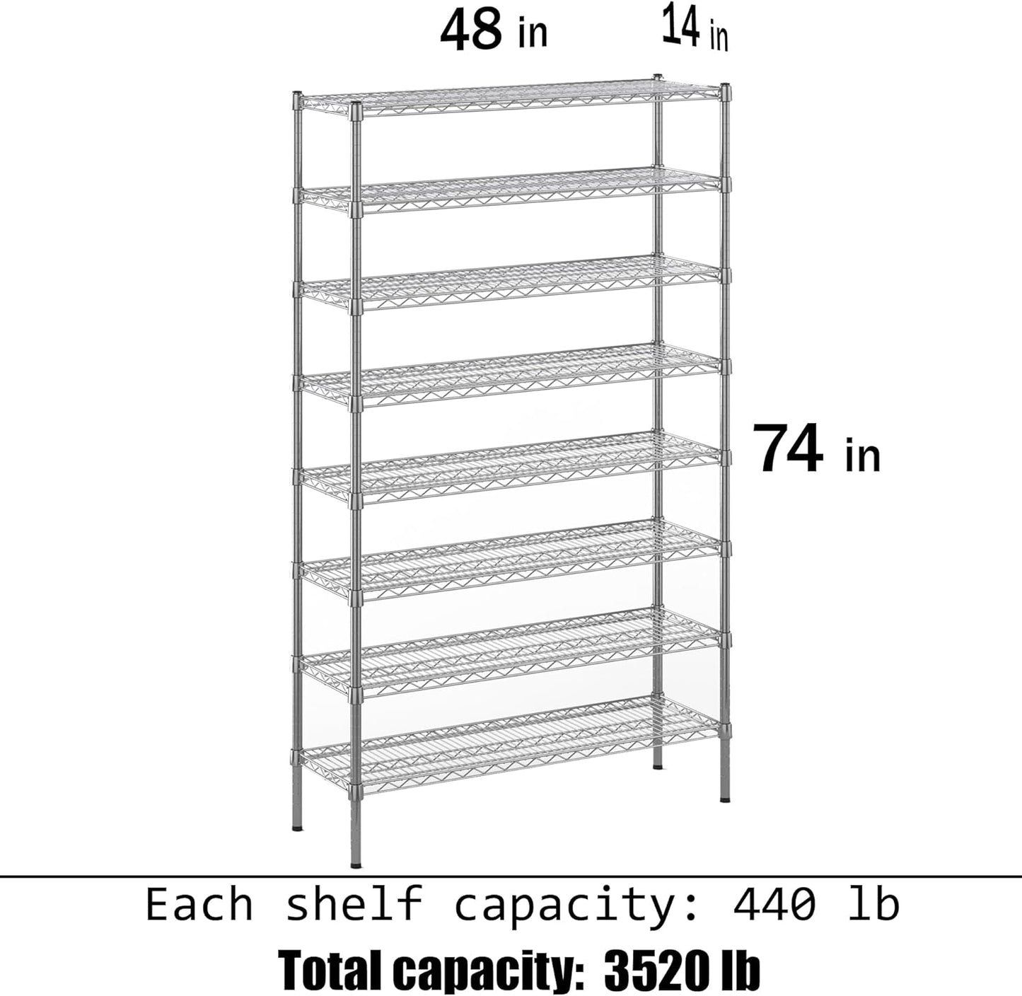 14" Deep x 48" Wide x 74" Height Wire Shelving Kit | 8-Tier | NSF Commercial Storage Rack Unit