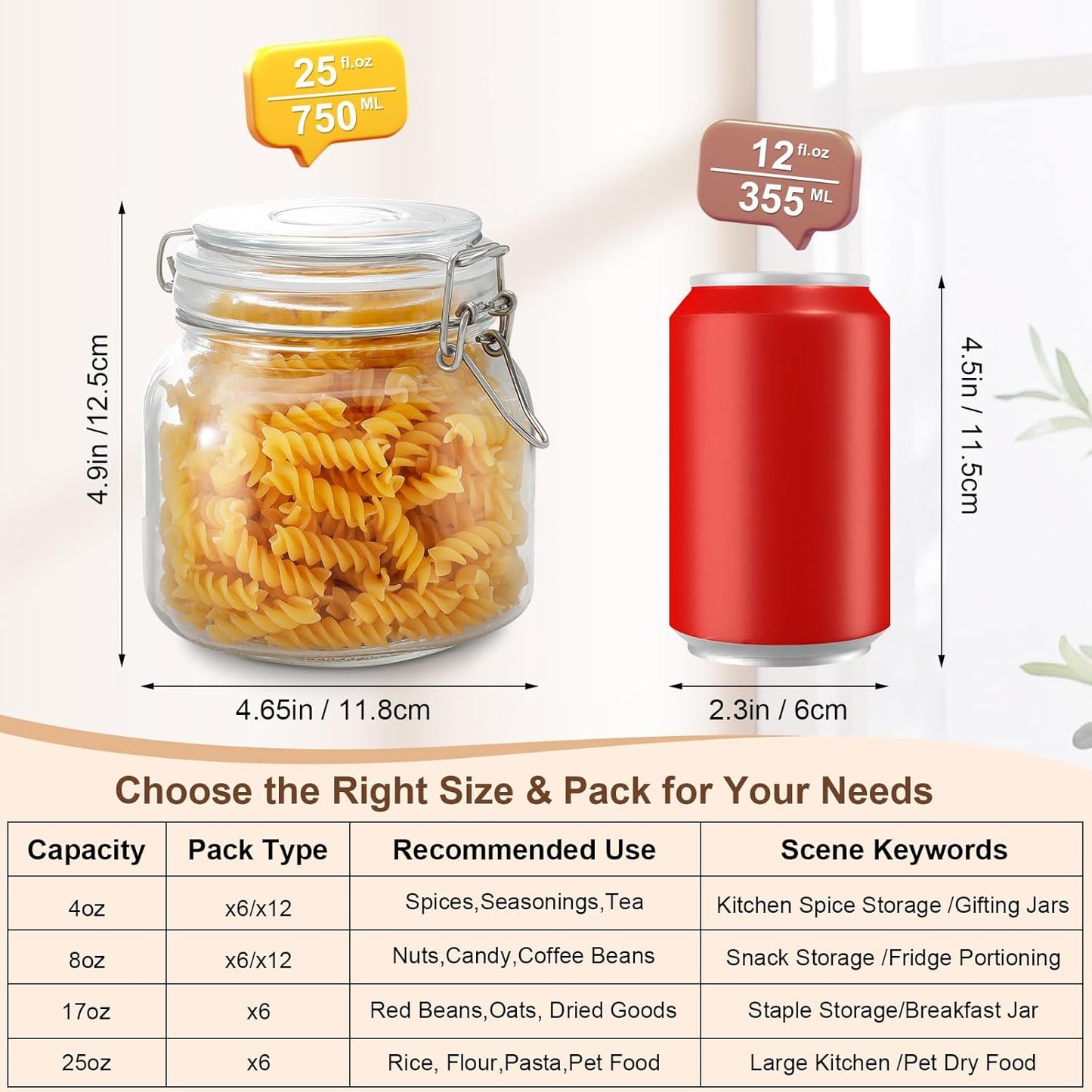 6 Pack Spice Jars, 25 oz Glass Containers with Airtight Lids, Small Herb Jars with Labels for Kitchen Storage