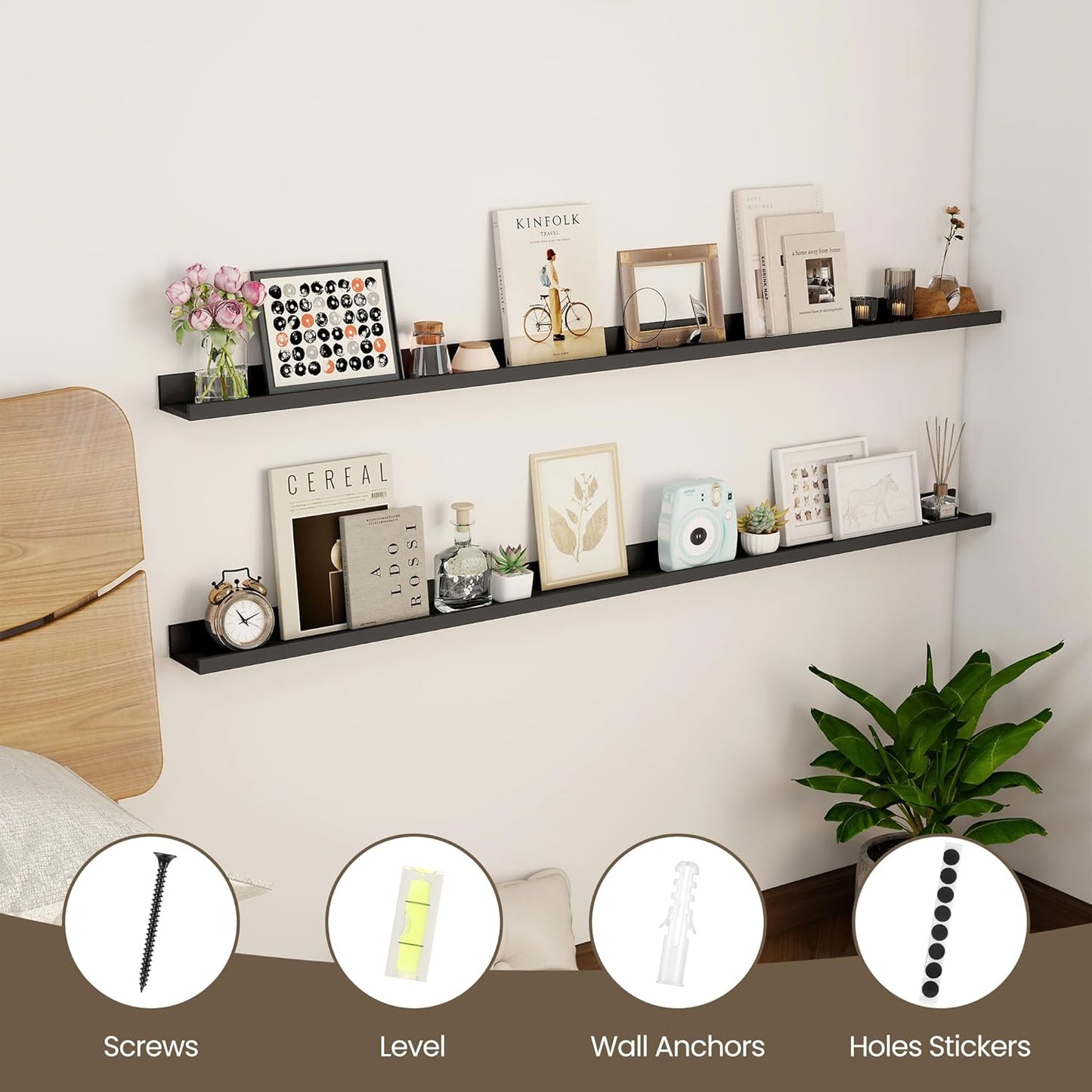 Axeman Black Floating Shelves - 55 Inch Picture Ledge Shelf Set of 2 - Black Wall Shelves with Lip - Picture Shelf for Wall with Ledge - Photo Ledges Nursery Bookshelf