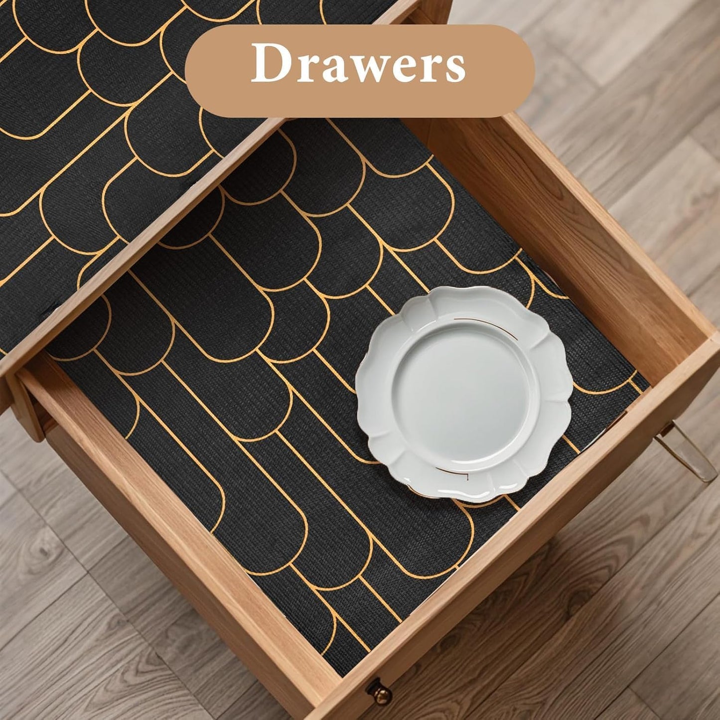 Shelf Liners for Kitchen Cabinets Drawer Liner 12in x 30FT Non Adhesive Black Gold Line Thickened Refrigerator Shelf Liner Paper Strong Easy to Clean for Tool Box with Knife and Tape Measure