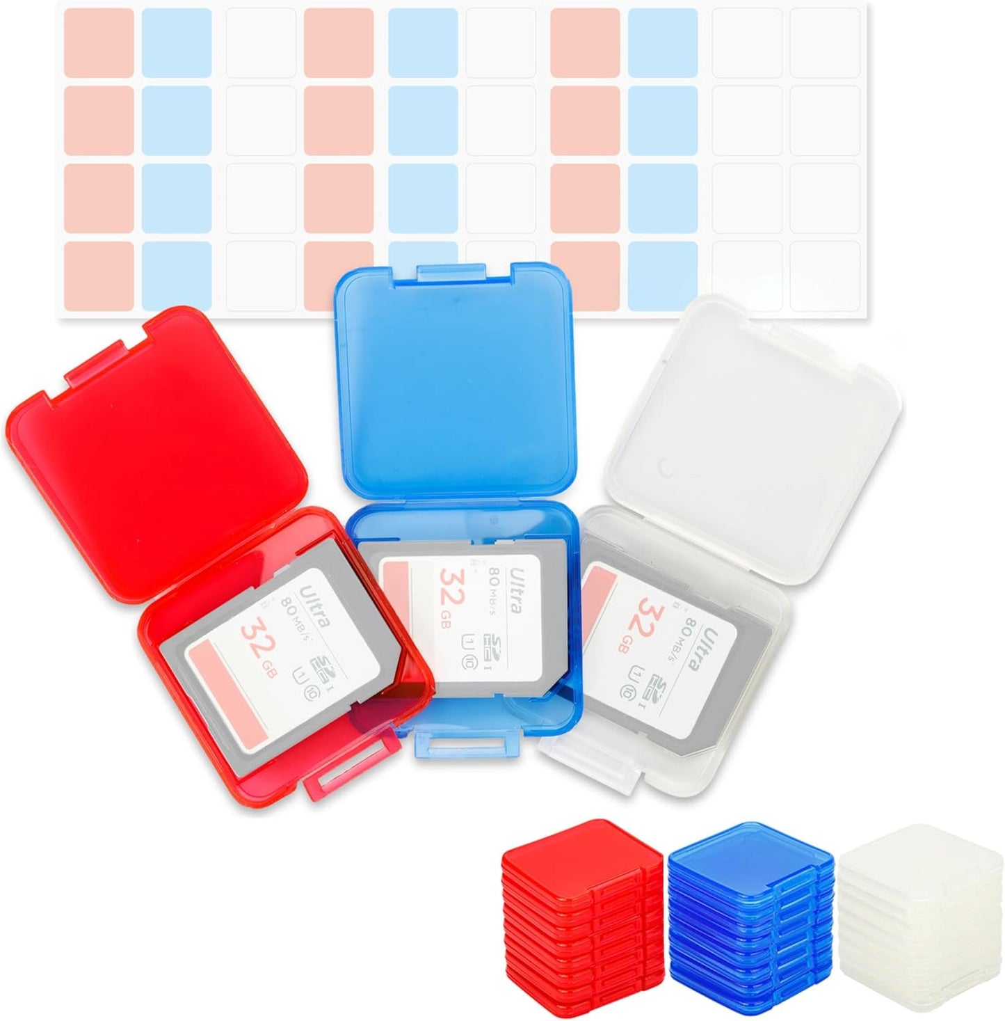 Kiorafoto 24 PCS Multi-Color Clear Plastic SD Card Case Holder for 24 SD SDXC SDHC Cards, Transparent Standard Memory Card Case Jewelery Box Storage Organizer with Labels