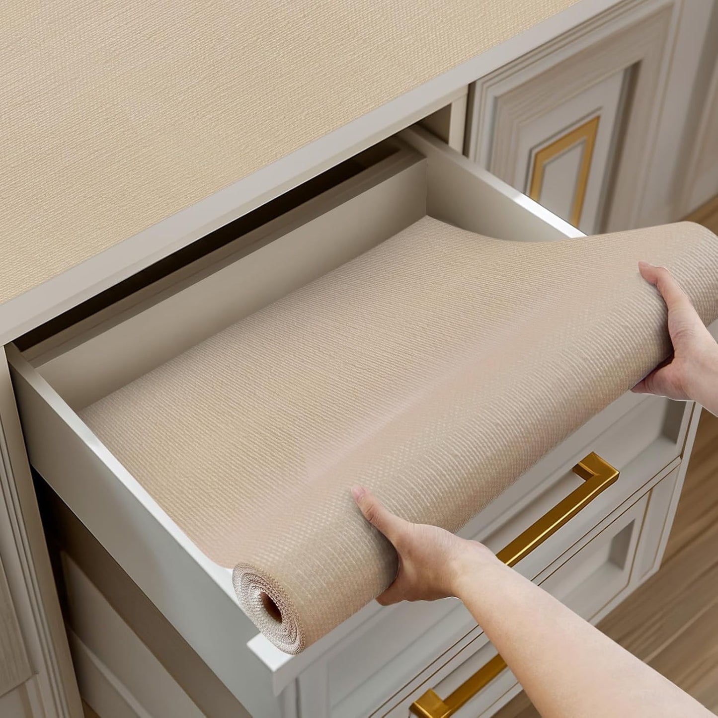 Shelf and Drawer Liner for Kitchen Cabinets Non-Adhesive, Strong Grip Non-Slip Thickened Cabinet Liners for Shelves, Waterproof Mats for Dresser Cupboard, Khaki, 12 in x 20 Feet