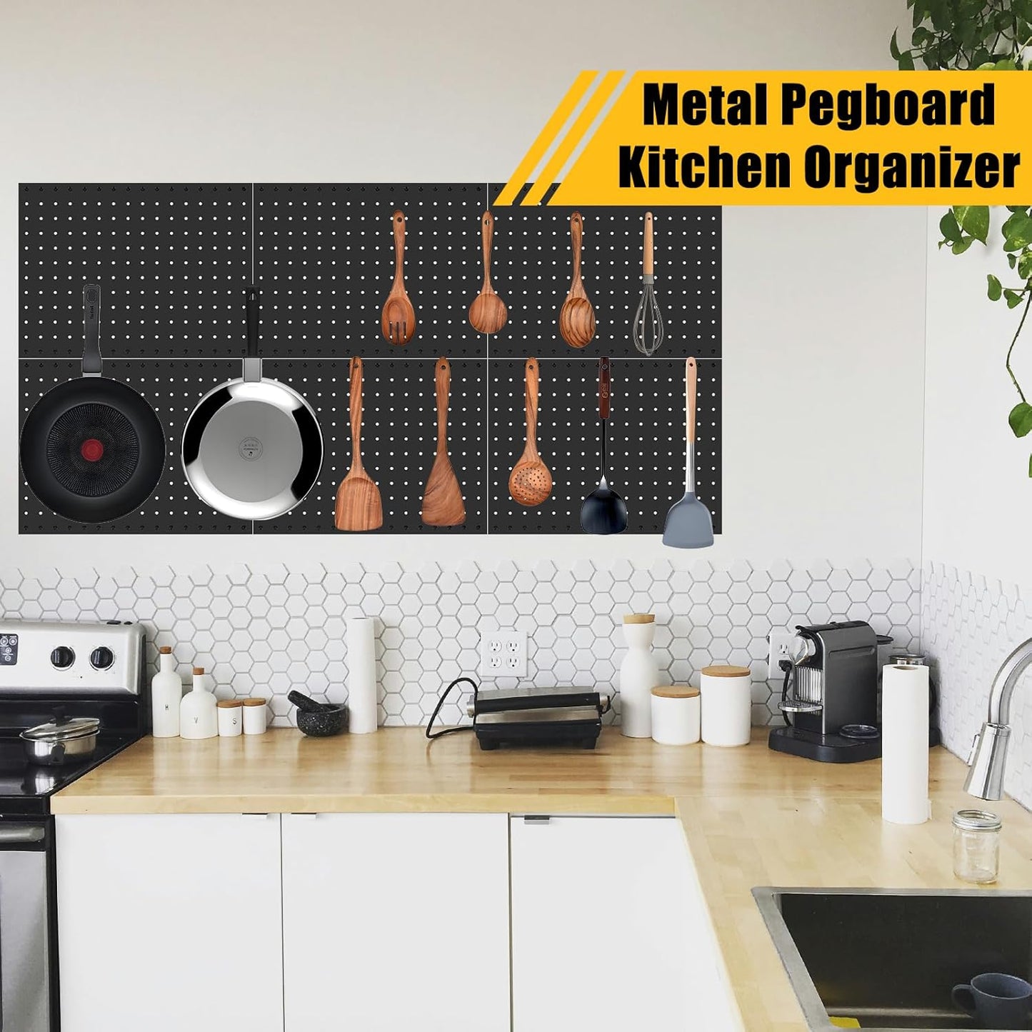 PBHEPJ 6 Pcs Metal Pegboard Panels, Heavy Duty Peg Boards for Garage and Garden Tool Storage, Includes Drywall Anchors and Screws Kits, Black (6 pcs 16in x 12in)