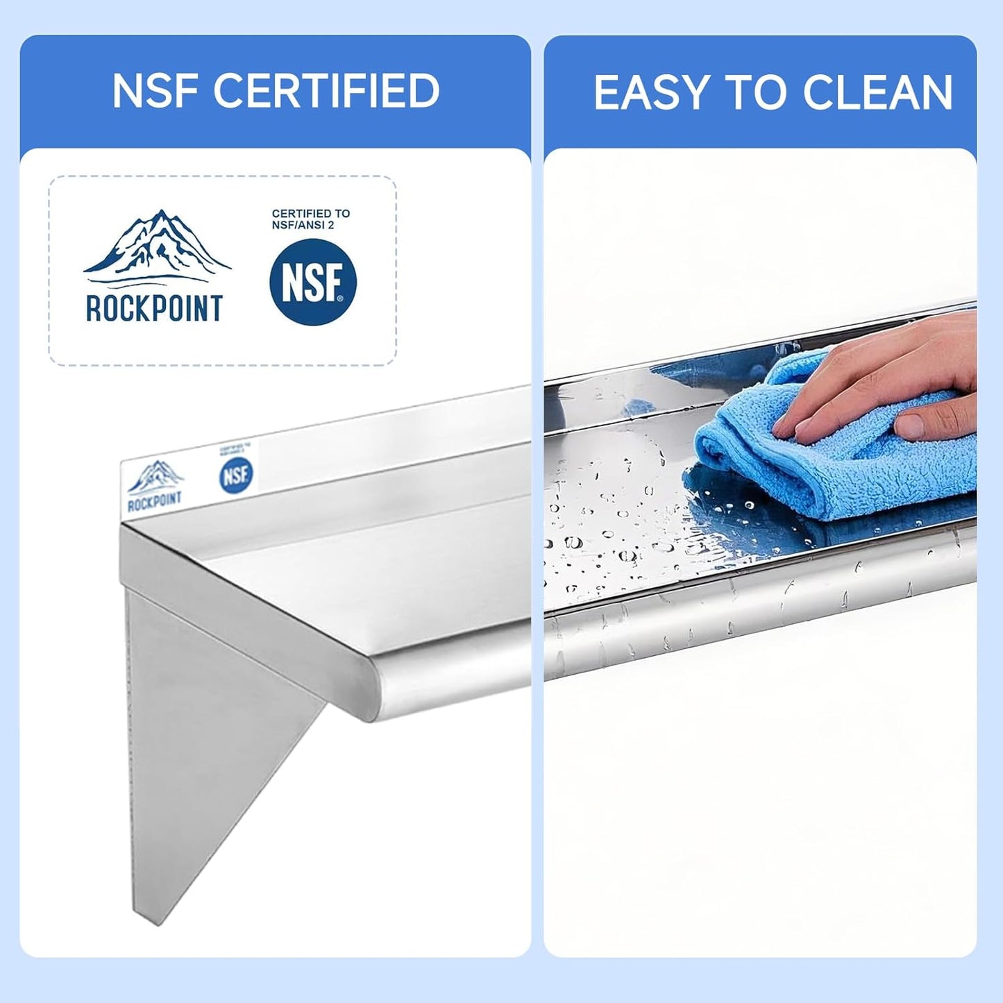 ROCKPOINT Stainless Steel Shelf 18 x 24 Inches 300lb, NSF Metal Commercial Shelves Wall Mount Floating Shelving with Backsplash for Restaurant, Kitchen, Home and Hotel, Silver