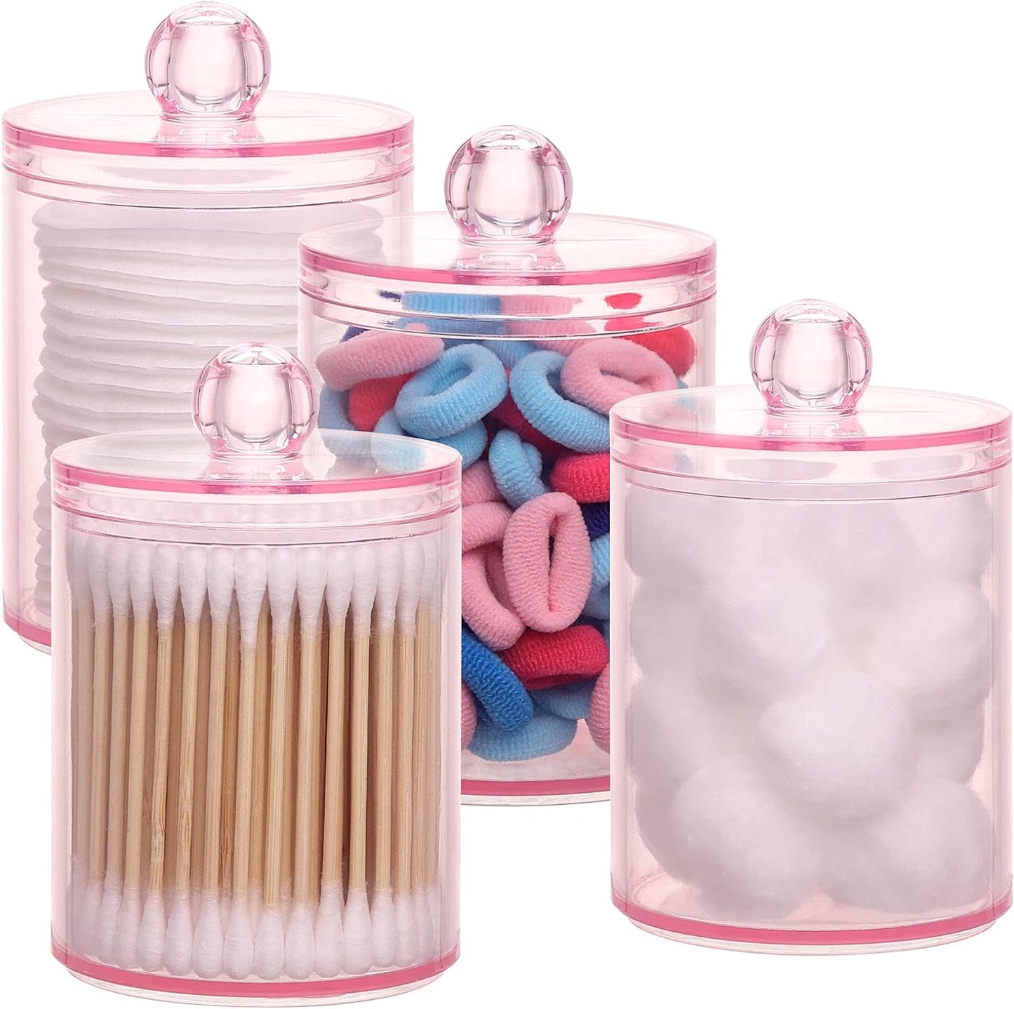 Tbestmax 4 pcs Qtips Holder Bathroom Container, 10 OZ Apothecary Jar, Pink Cotton Ball/Swabs Dispenser Organizer for Storage