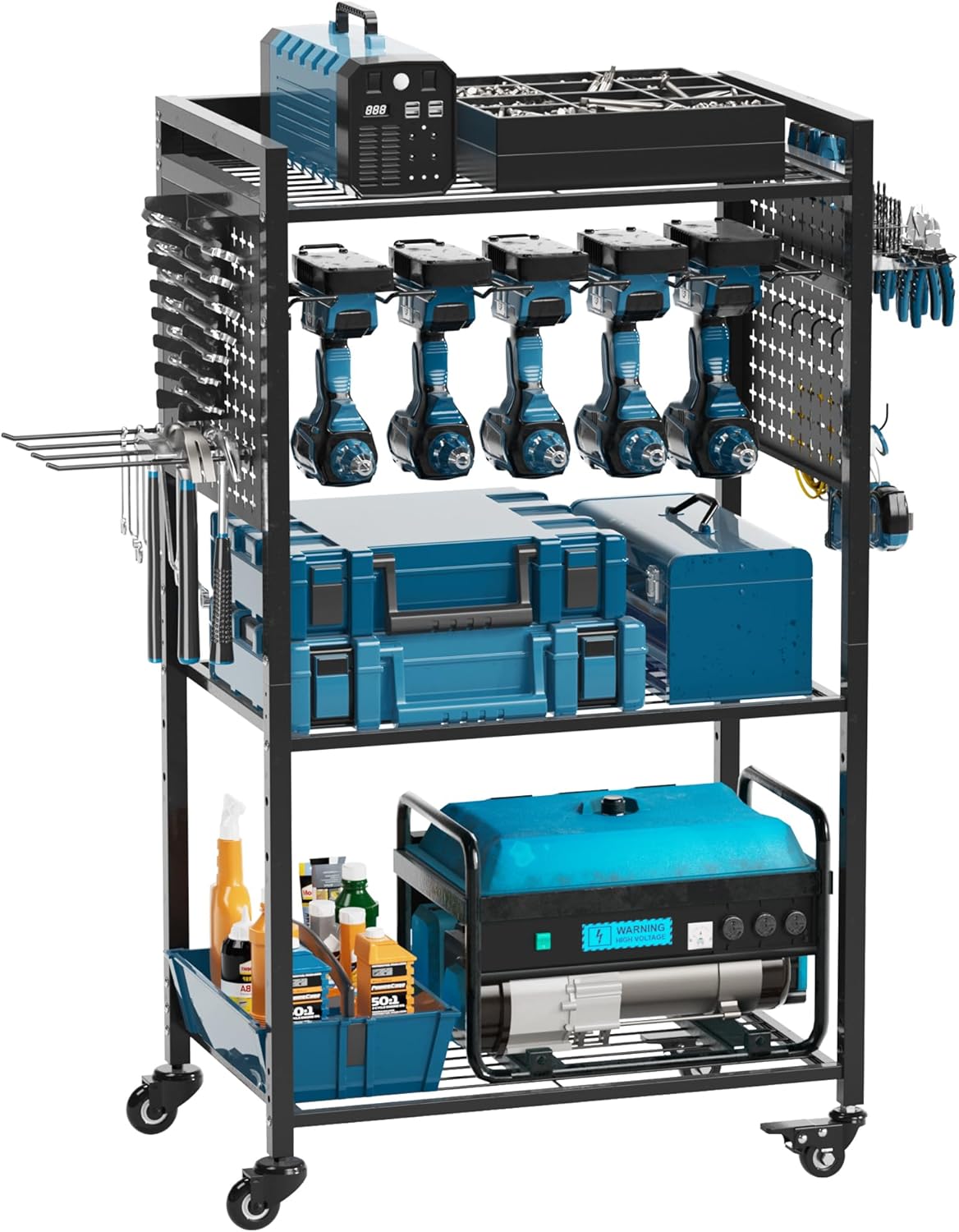 Large Power Tool Organizer Cart with Lockable Wheels | 4-Tier Organizer for Power Tools & Garage Storage, Mechanic Cart, Gift for Men, Dad, Husband