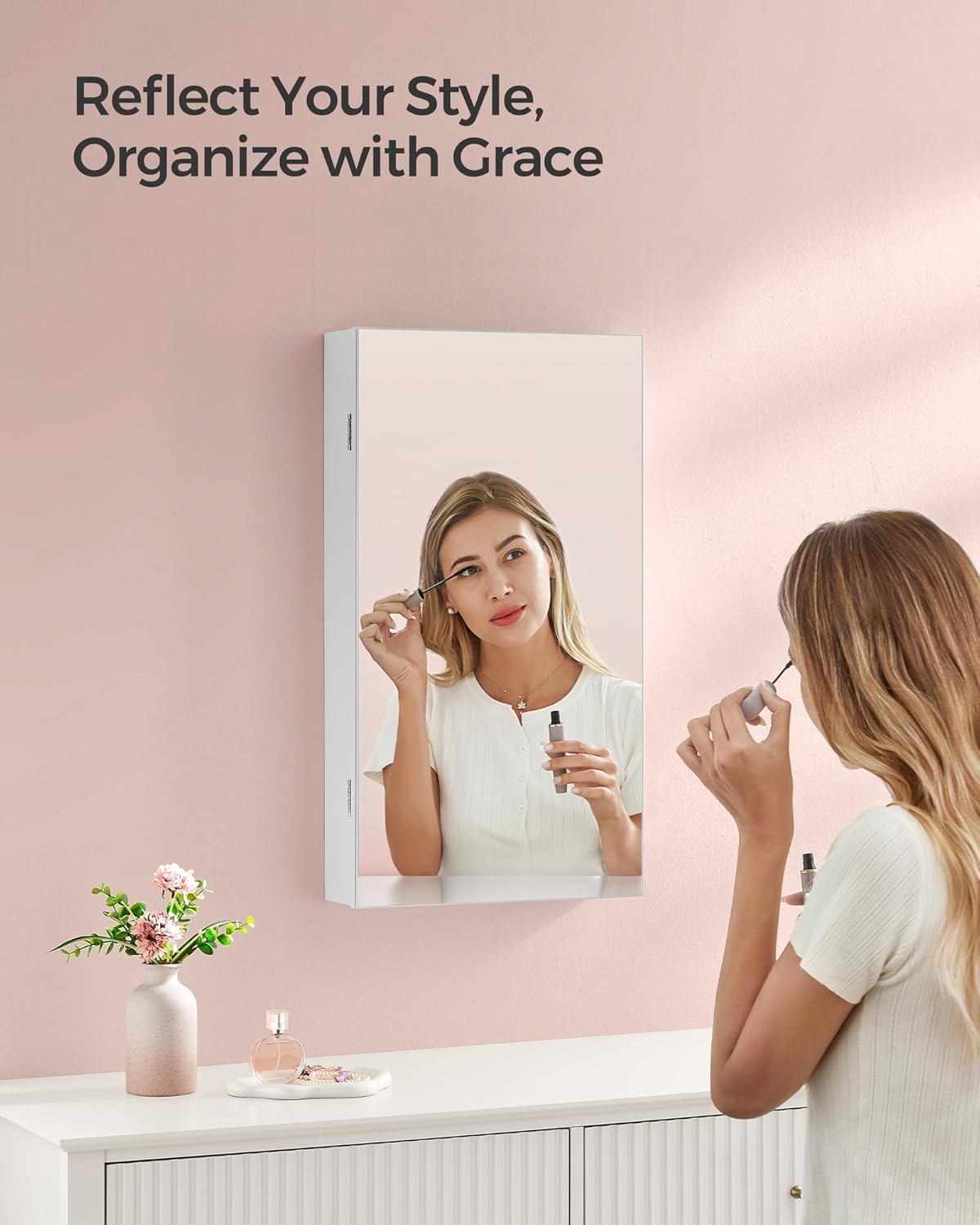SONGMICS Mirror Jewelry Cabinet Armoire with Built-in LED Lights, Wall or Door Mounted Jewelry Storage Organizer, 3.8 x 14.6 x 26.4 Inches Hanging Mirror Cabinet, Christmas Gift Idea, White UJJC050W01