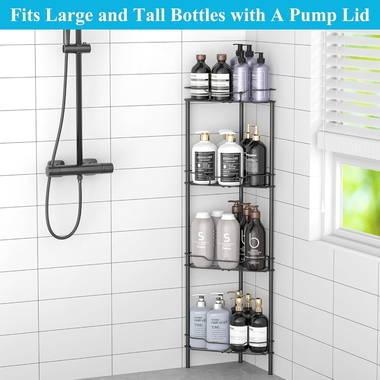 4 Tier Floor Standing Corner Shower Caddy Organizer Shelf with Hooks, Bathroom Shelves Stand Rack, Matt Black