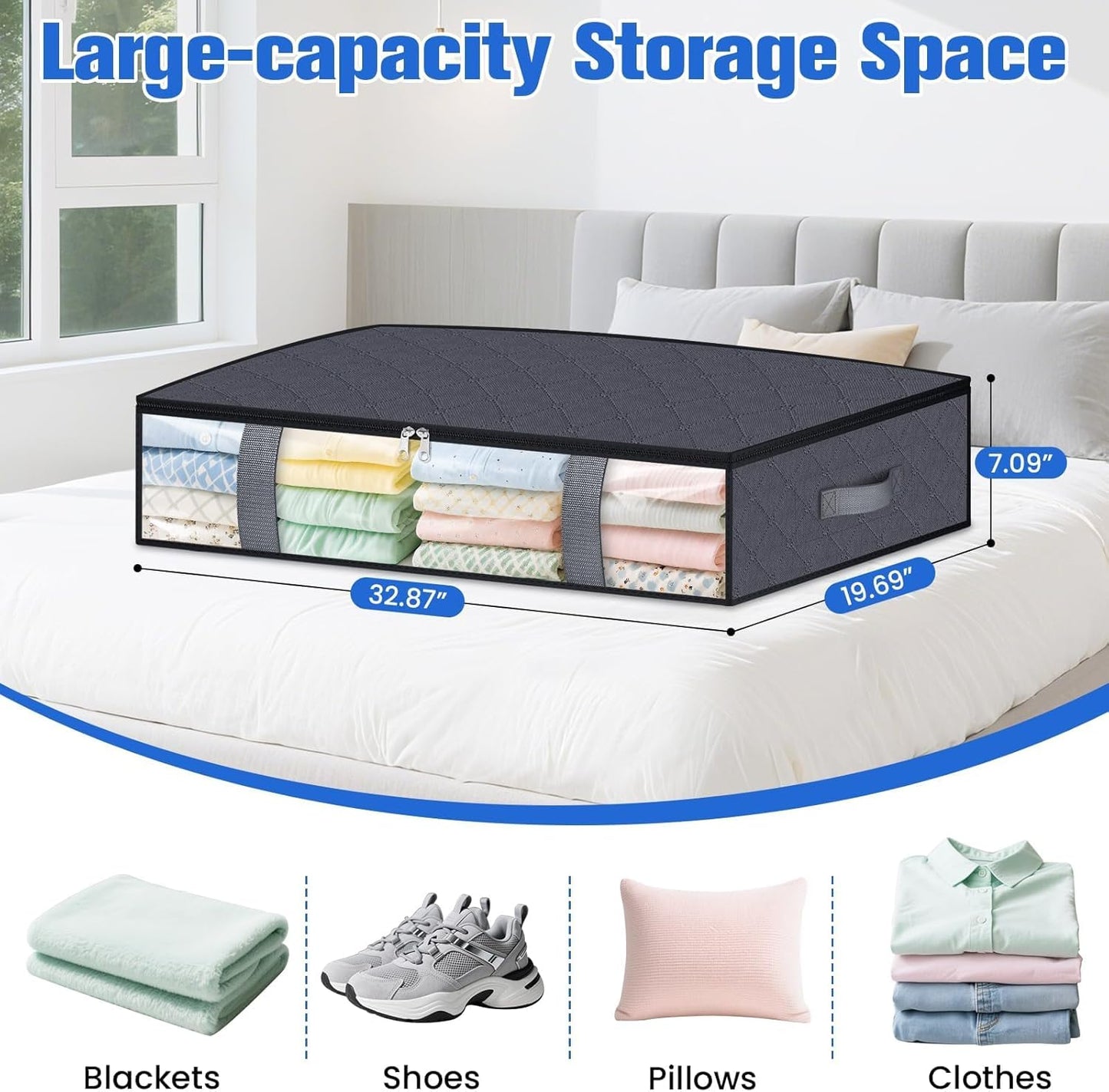 Under Bed Storage Containers, 4 Pack Blanket Storage Bags, Collapsible Storage Bags with Big Zippers, Clear Front, Shoe Storage and Organization for Clothes, Comforter, 75L, Grey