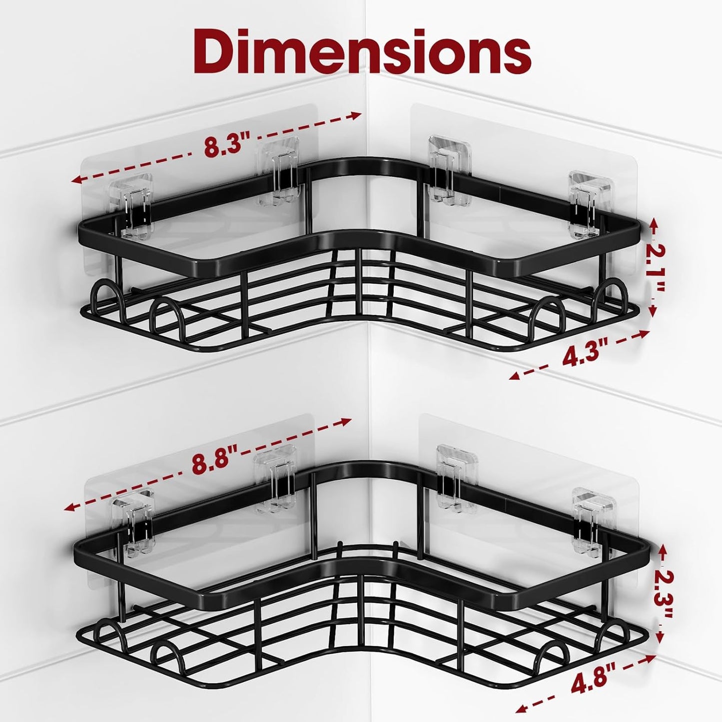 Corner Shower Caddy - 2 Pack, Adhesive Shower Organizers, Rustproof Stainless Steel Shower Shelves with 8 Hooks, No Drilling Bathroom Organizers and Storage Racks, Space-Saving, Black, Large