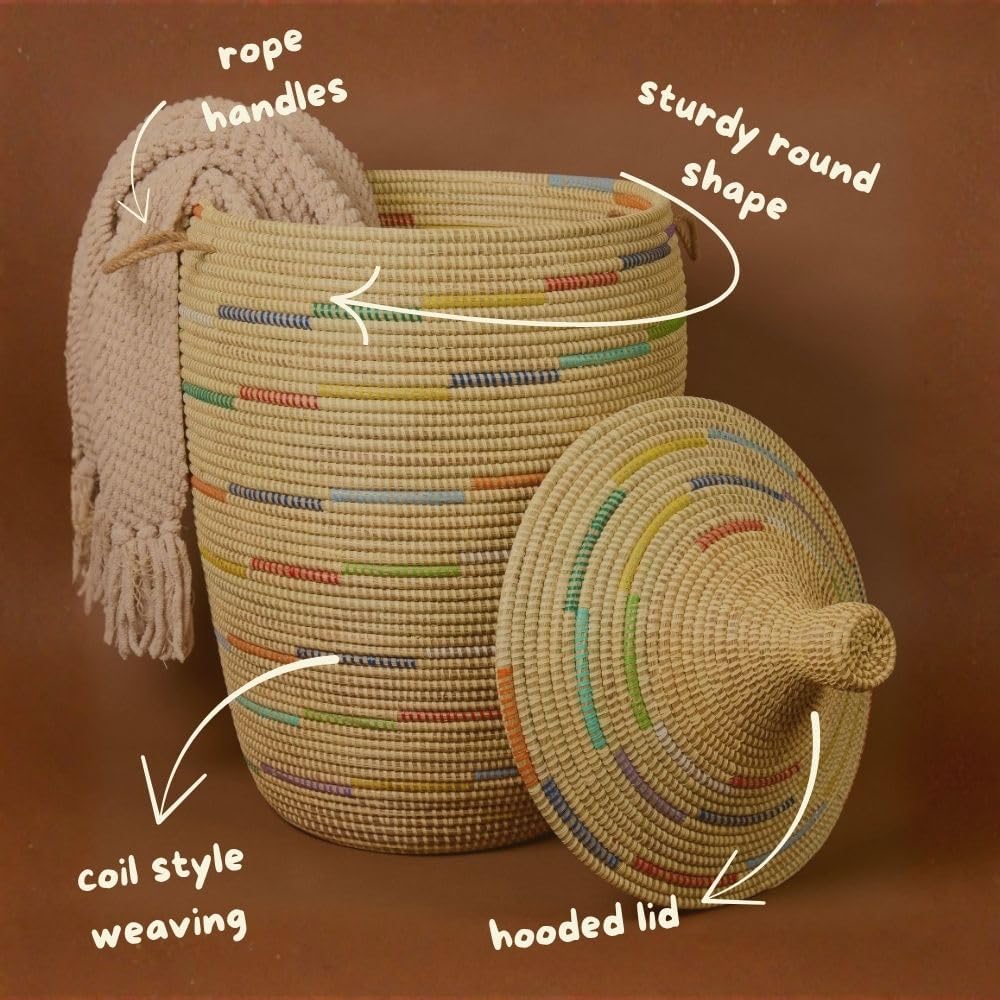 Tall Large Decorative Wicker Storage Basket with Lid, Laundry Hamper, Blanket Storage, Toys Bin, Clothes Holder, Boho Style (Colors Beige)