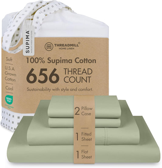 Threadmill Luxury Full Size Sheets | 656 Thread Count Certified Supima Cotton Sheets for Full Size Mattress | 5-Star Hotel Quality 4 Piece Bed Sheets with Extra Deep Pocket |Sage Green Sheet