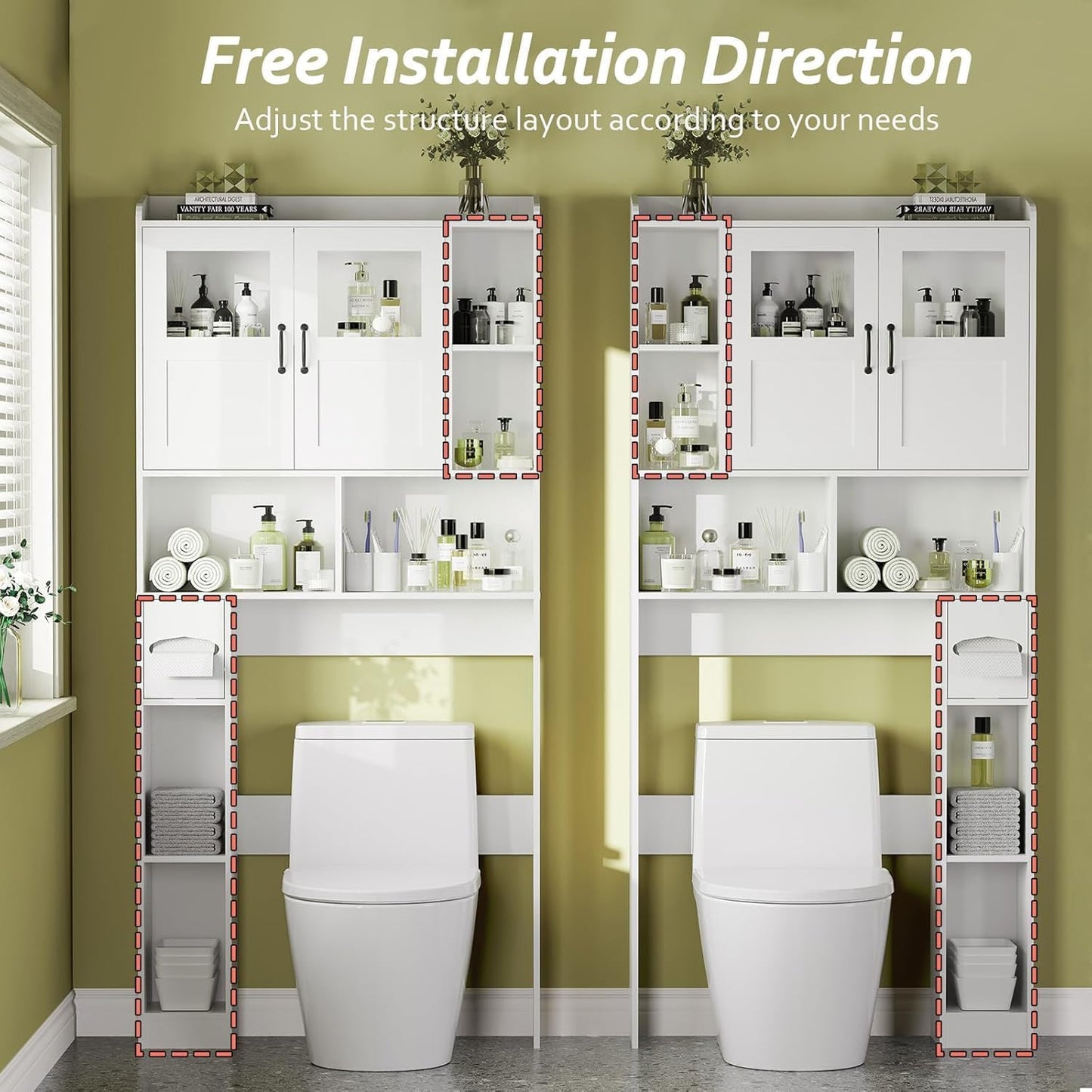 Over Toilet Storage Cabinet, 67 Inch Wall Mounted Tall Cabinet, Freestanding Bathroom Organizer Shelf for Bathroom, Restroom, Laundry, White